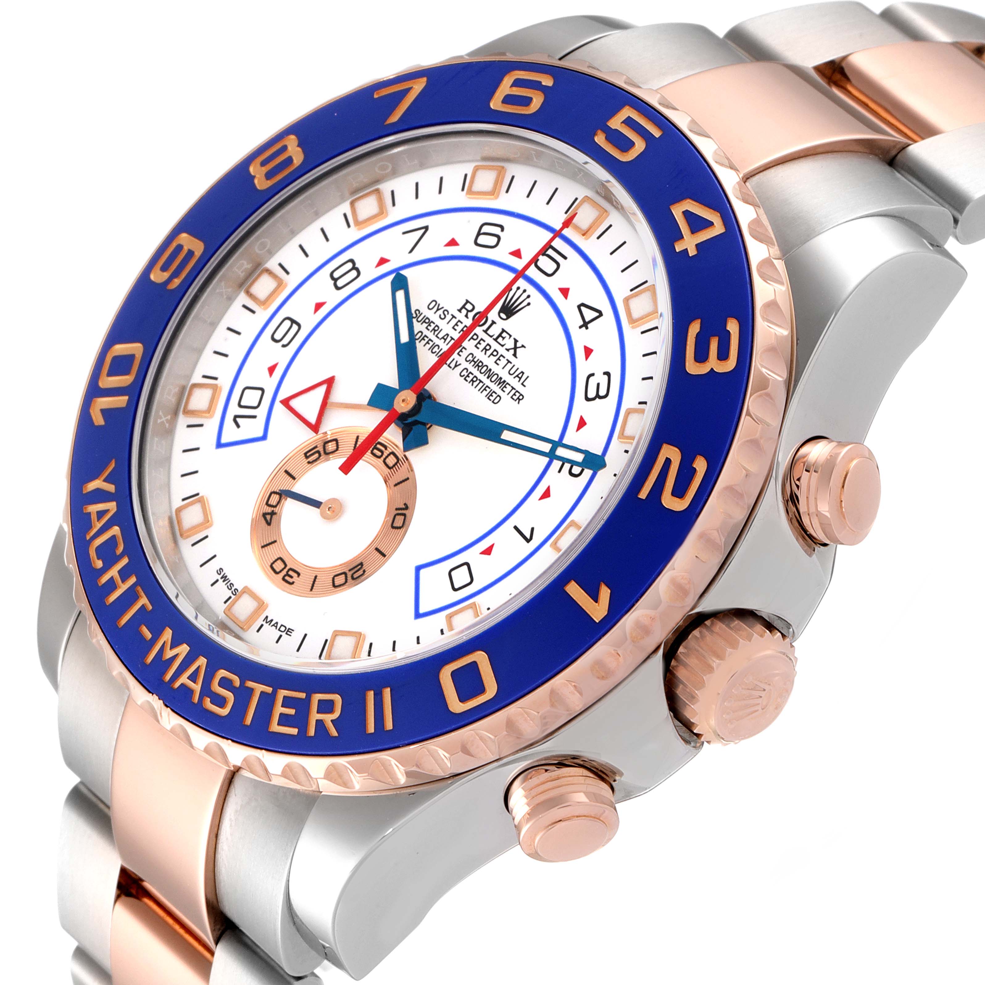 The image shows a Rolex Yacht-Master 116681 Men
s Steel and Gold (two tone) White Dial 116681 Men
s Steel and Gold (two tone) White Dial II watch at a slight angle, highlighting the face, bezel, and crown.