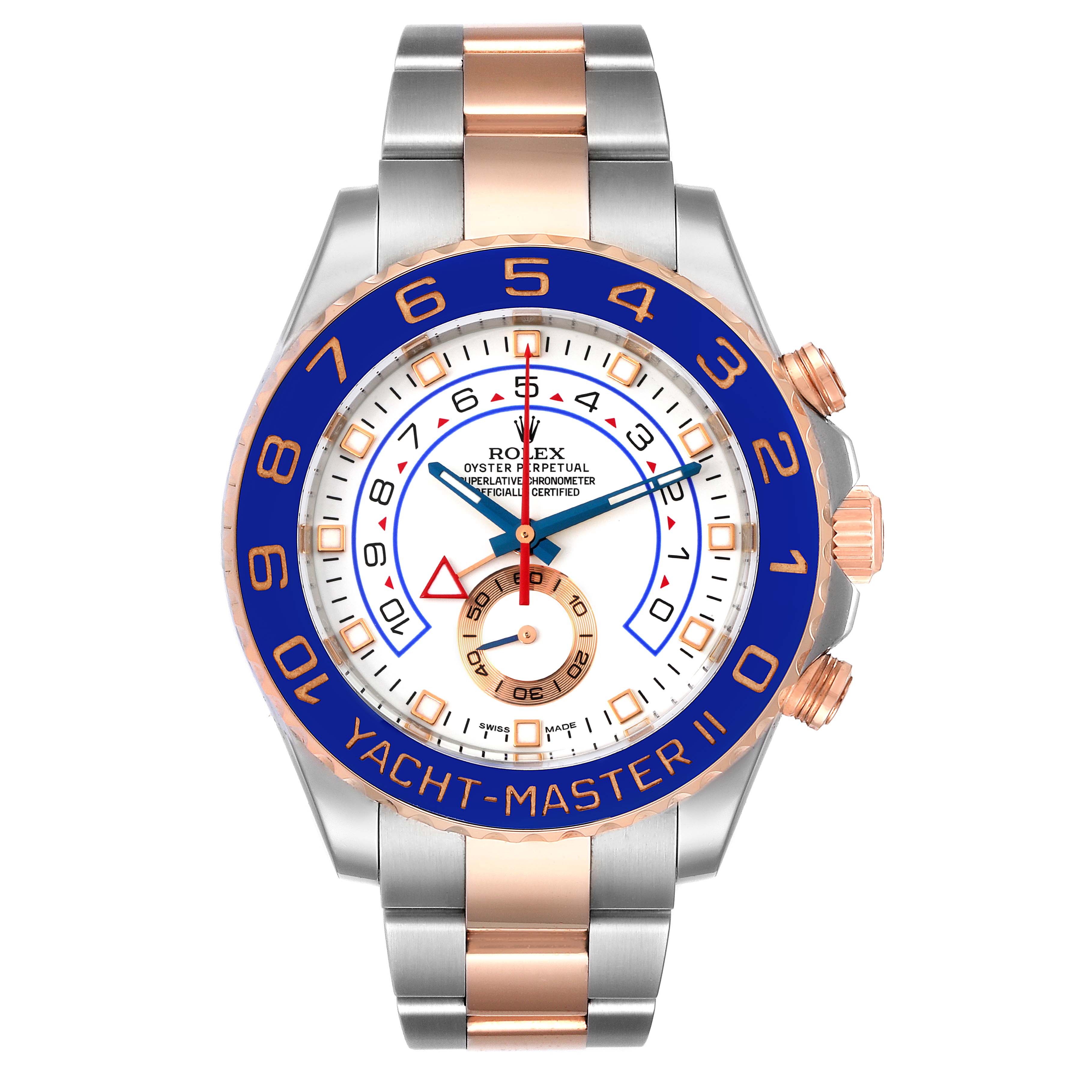 This image shows a front view of a Rolex Yacht-Master 116681 Men
s Steel and Gold (two tone) White Dial 116681 Men
s Steel and Gold (two tone) White Dial II watch, highlighting its bezel, dial, and bracelet.
