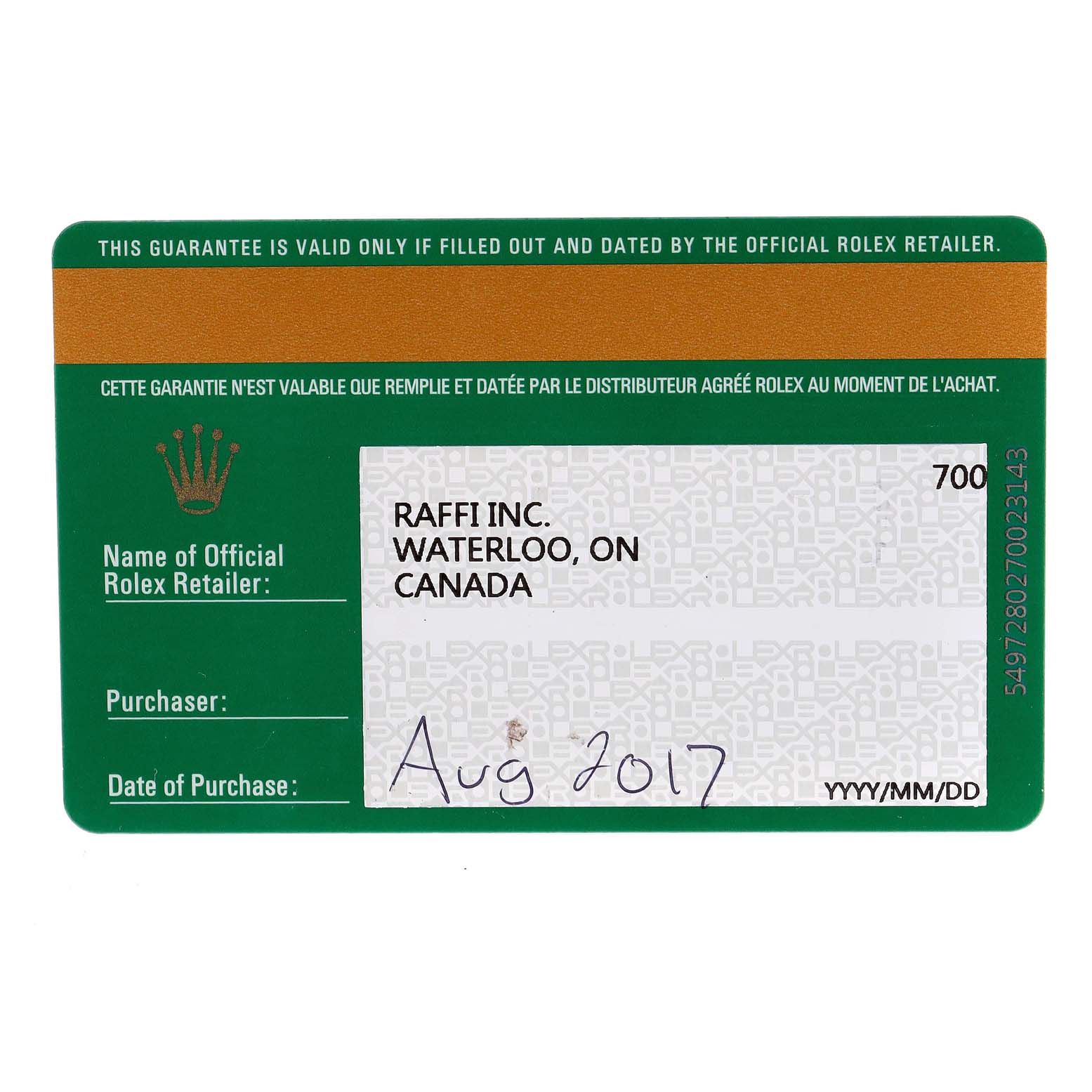 The image shows a Rolex warranty card for the Yacht-Master model, indicating a purchase date of August 2017 from Raffi Inc., Waterloo, ON, Canada.