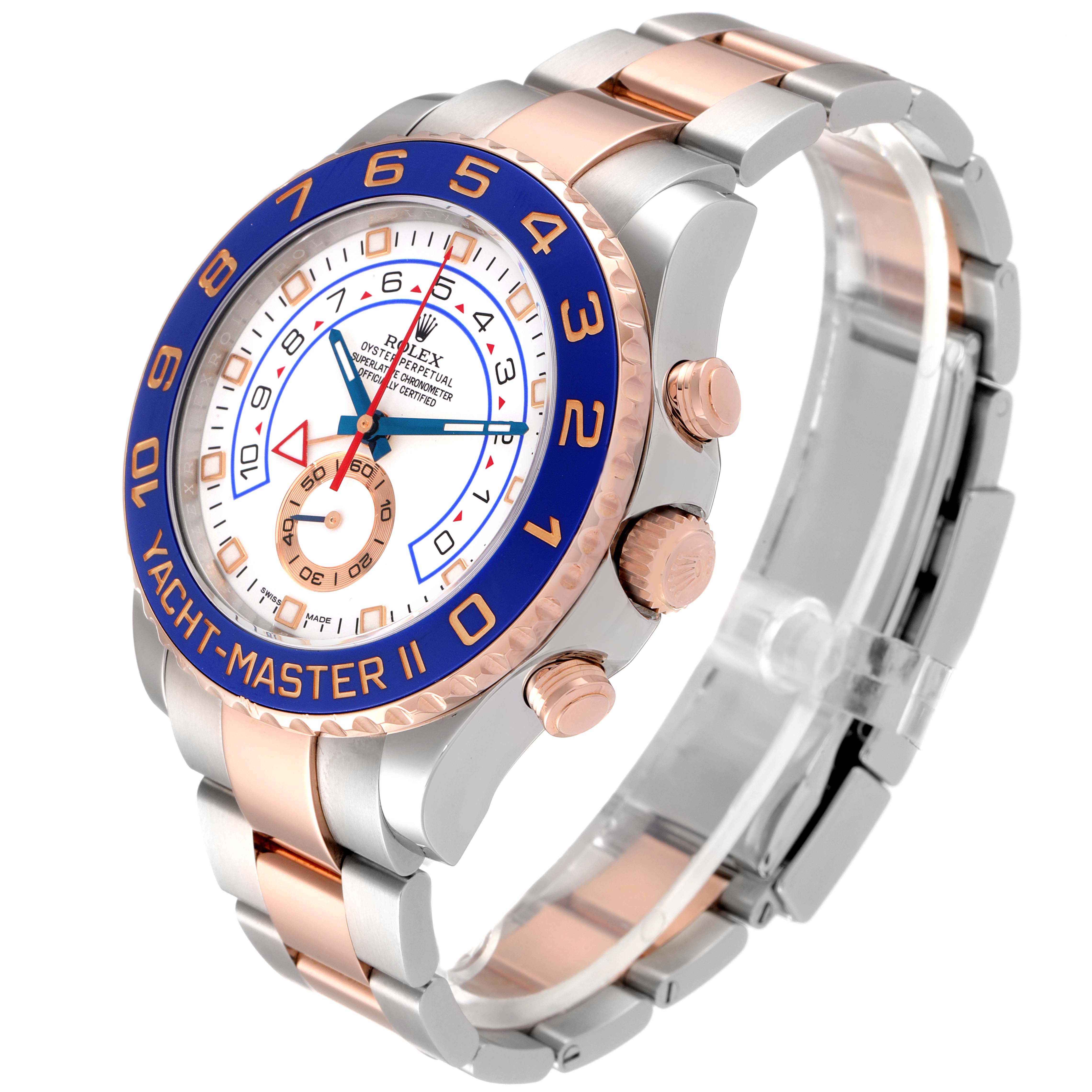 The image shows a side angle of the Rolex Yacht-Master 116681 Men
s Steel and Gold (two tone) White Dial 116681 Men
s Steel and Gold (two tone) White Dial II watch, highlighting its bezel, dial, crown, and bracelet.