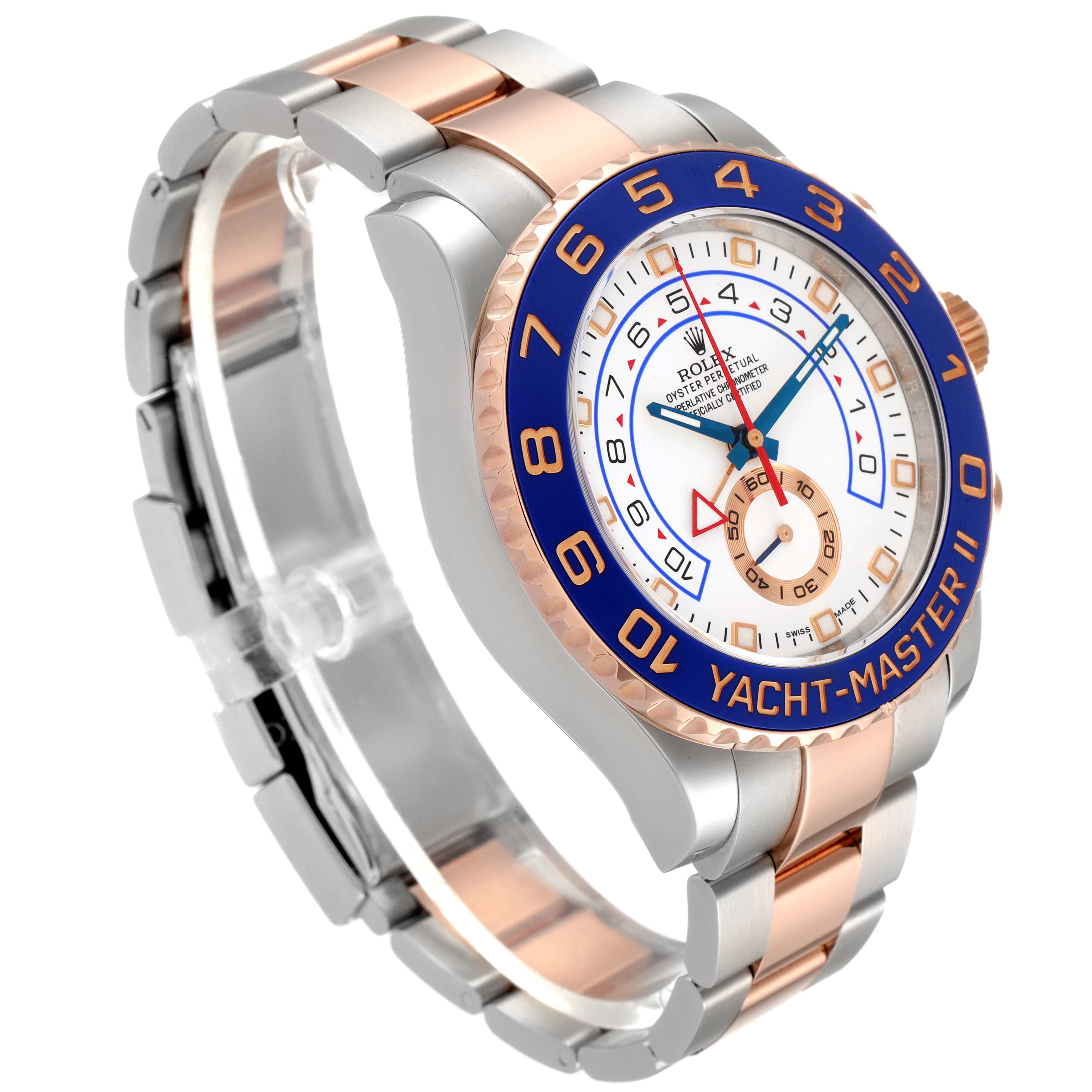 This Rolex Yacht-Master 116681 Men
s Steel and Gold (two tone) White Dial 116681 Men
s Steel and Gold (two tone) White Dial watch is shown at a three-quarter angle, displaying its face, bezel, and bracelet.