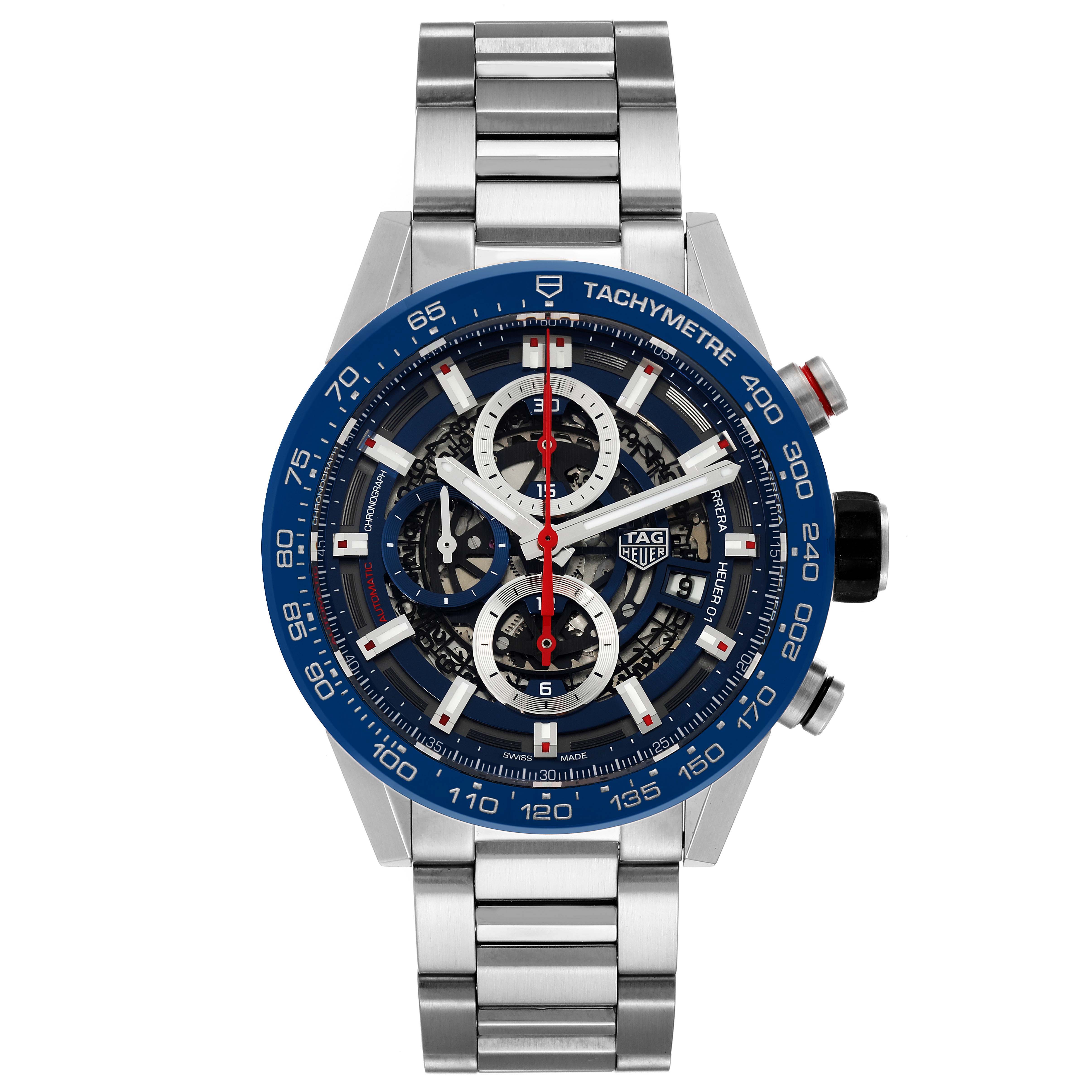 The image shows a front view of a Tag Heuer Carrera CAR201T Men's Stainless Steel Blue Dial CAR201T Men's Stainless Steel Blue Dial watch featuring a blue tachymeter bezel and a metallic bracelet.