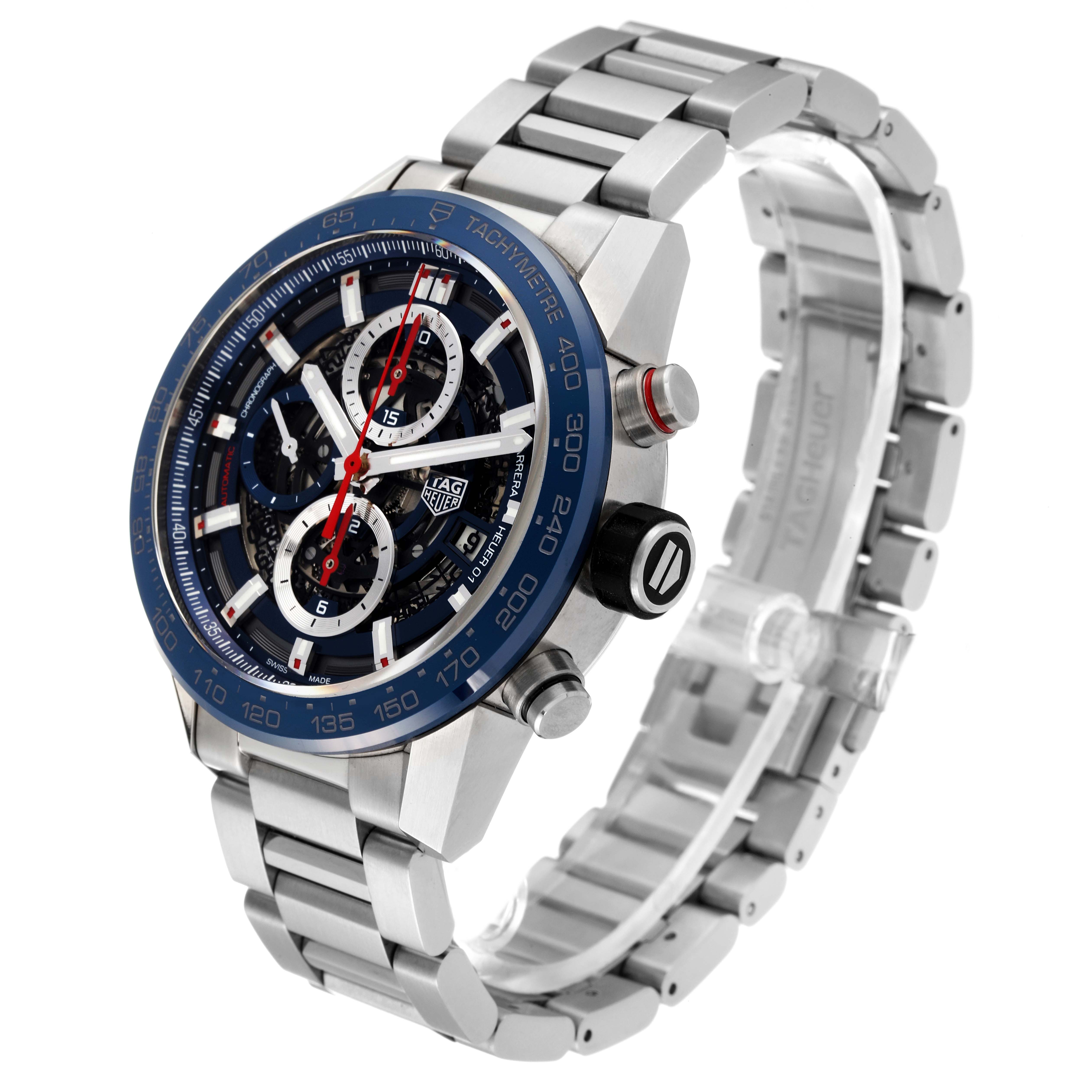 The image shows a Tag Heuer Carrera CAR201T Men's Stainless Steel Blue Dial CAR201T Men's Stainless Steel Blue Dial watch from a 3 o'clock angle highlighting the face, bezel, and stainless steel bracelet.