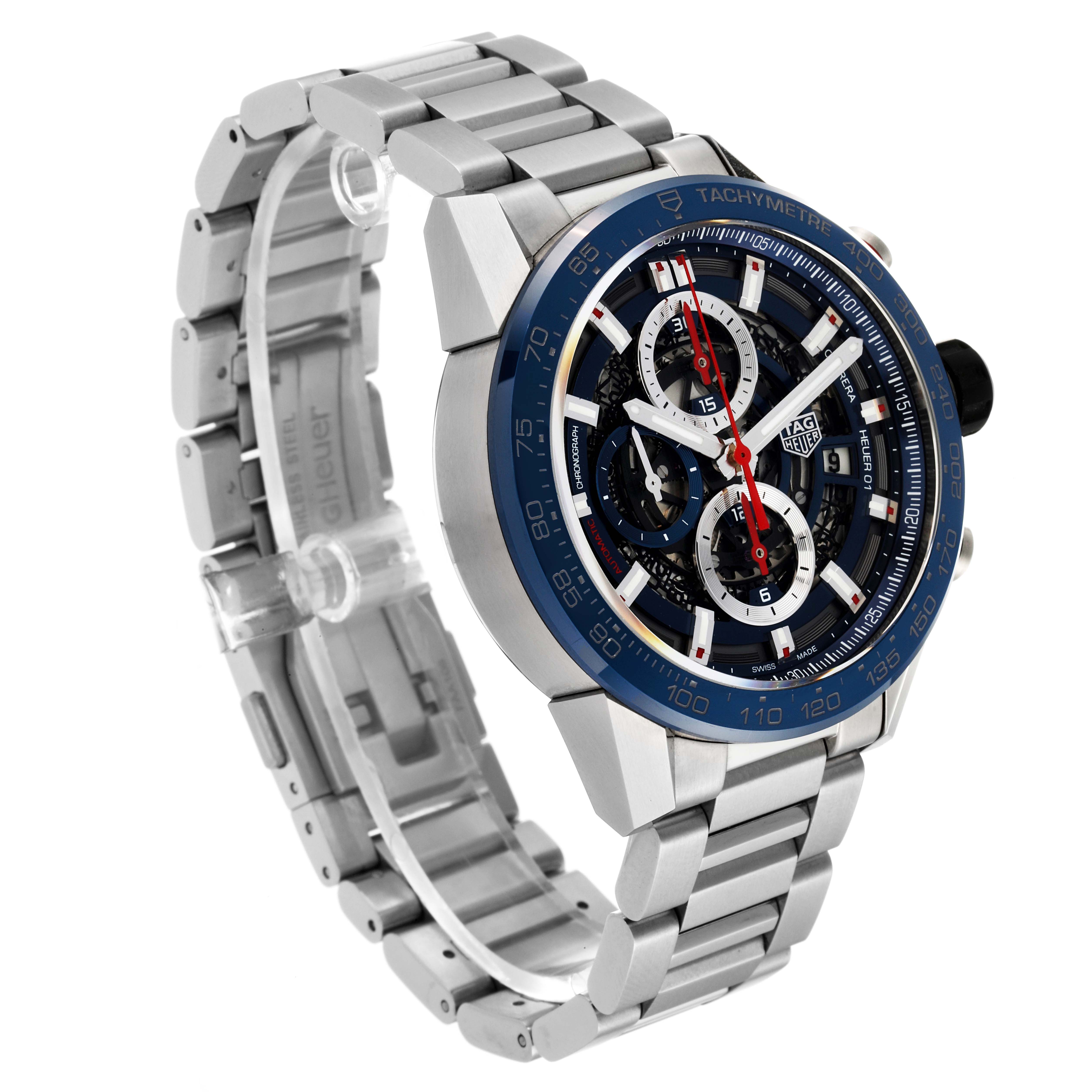The Tag Heuer Carrera CAR201T Men's Stainless Steel Blue Dial CAR201T Men's Stainless Steel Blue Dial watch is shown at an angle, highlighting its face, tachymeter bezel, and stainless steel bracelet.