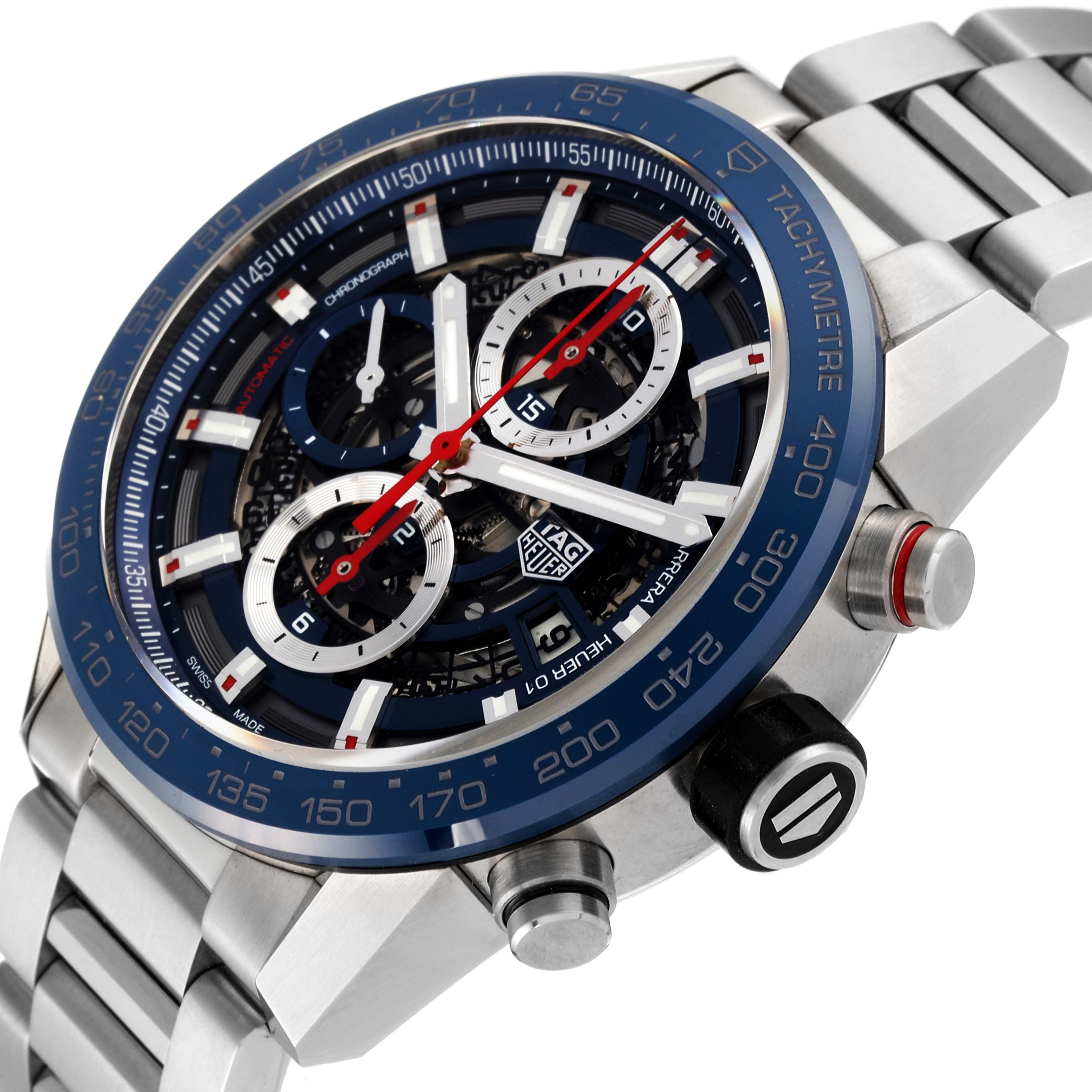 This image shows a close-up, angled view of a Tag Heuer Carrera CAR201T Men's Stainless Steel Blue Dial CAR201T Men's Stainless Steel Blue Dial watch, highlighting the dial, bezel, and part of the bracelet.