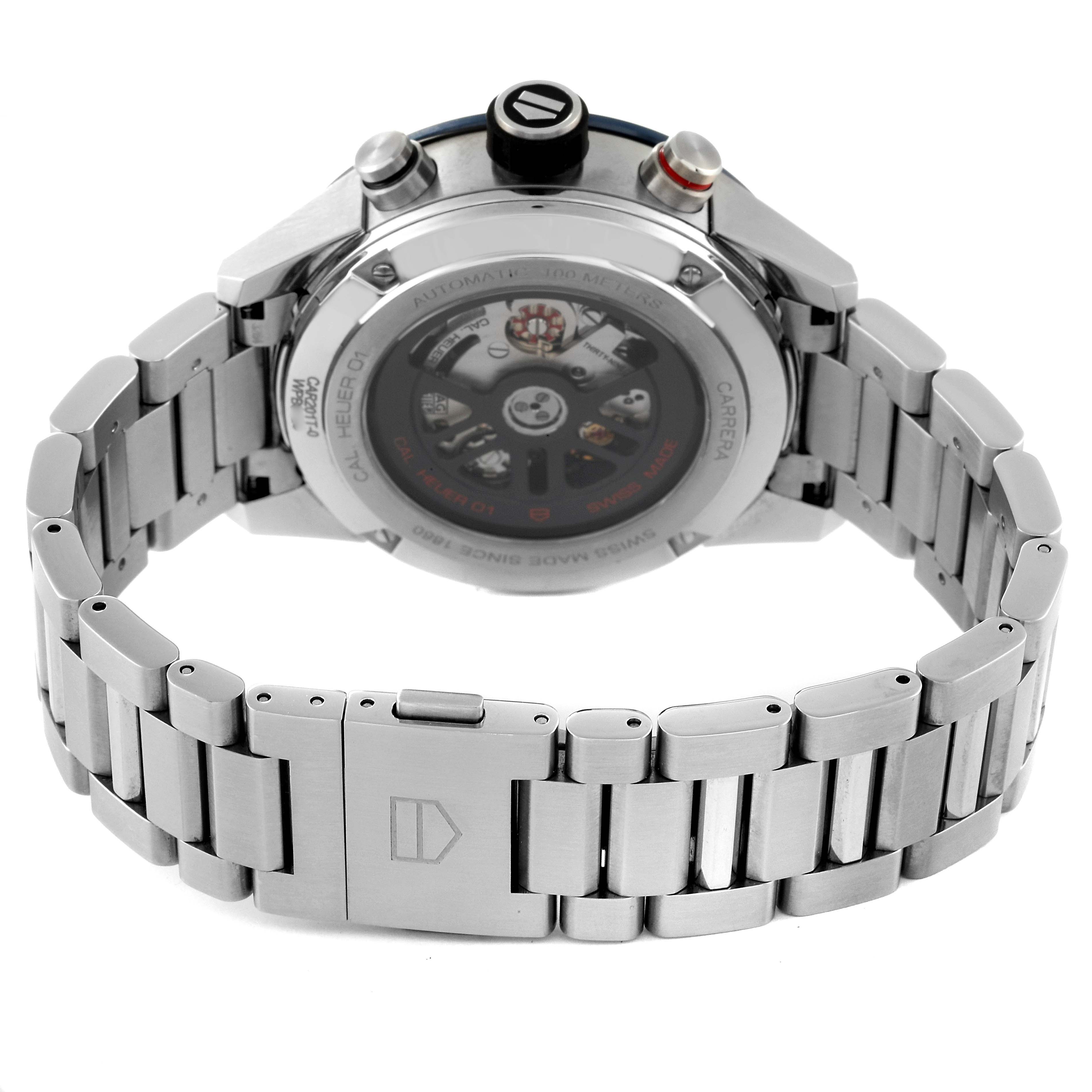 This image shows the back view of the Tag Heuer Carrera CAR201T Men's Stainless Steel Blue Dial CAR201T Men's Stainless Steel Blue Dial watch, highlighting its bracelet and transparent case back.
