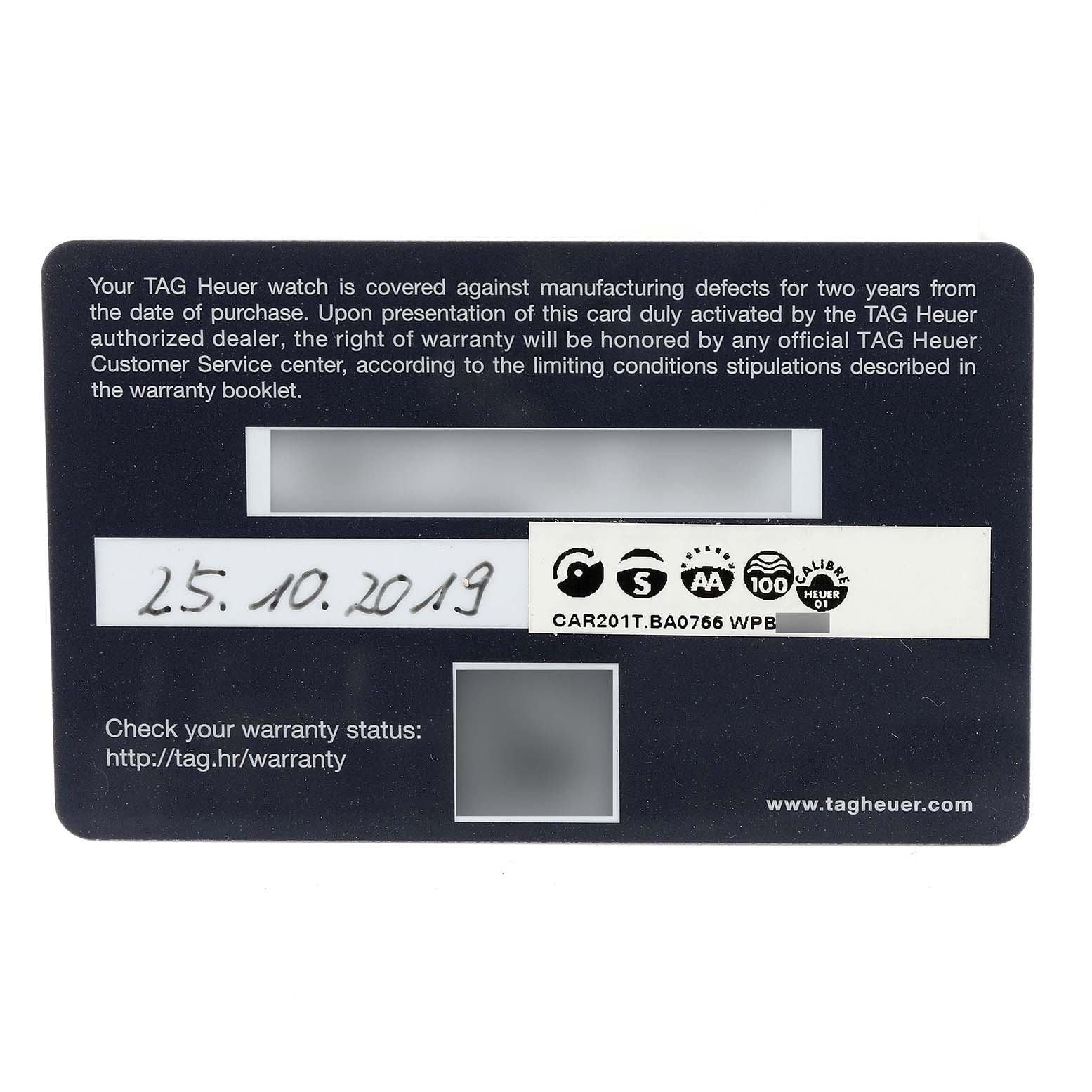 This image shows a warranty card for a Tag Heuer Carrera CAR201T Men's Stainless Steel Blue Dial CAR201T Men's Stainless Steel Blue Dial model watch.