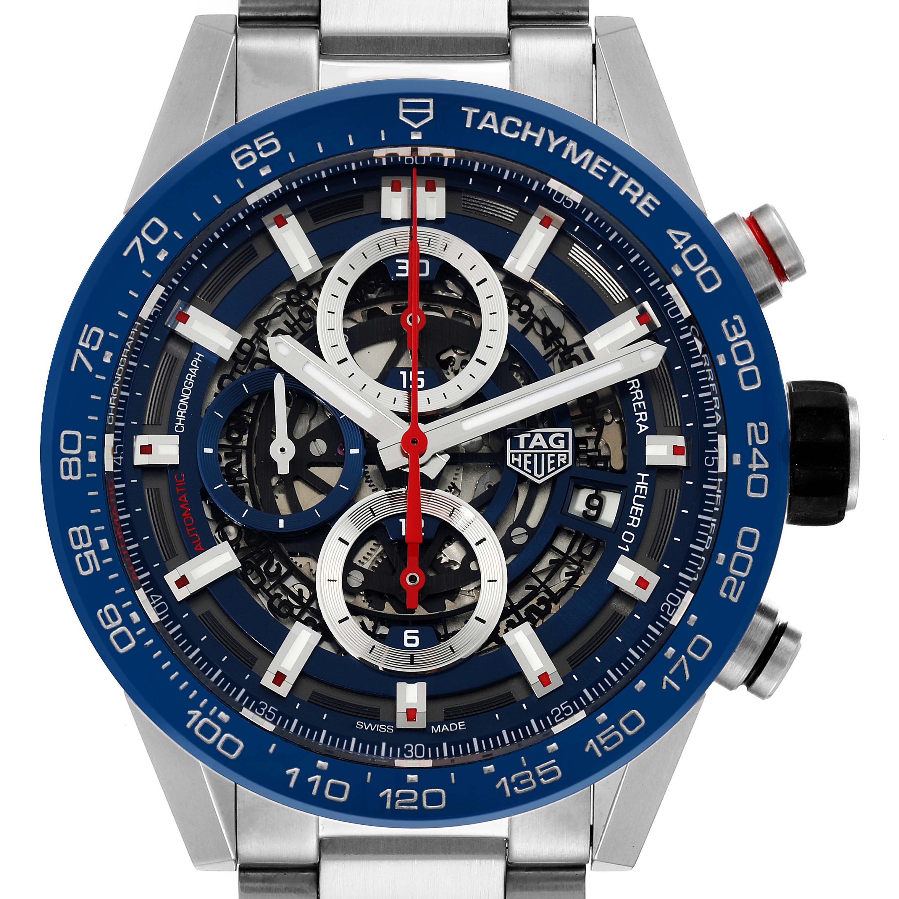 The image shows a front view of the Tag Heuer Carrera CAR201T Men's Stainless Steel Blue Dial CAR201T Men's Stainless Steel Blue Dial watch, highlighting the face, hands, subdials, and tachymeter bezel.