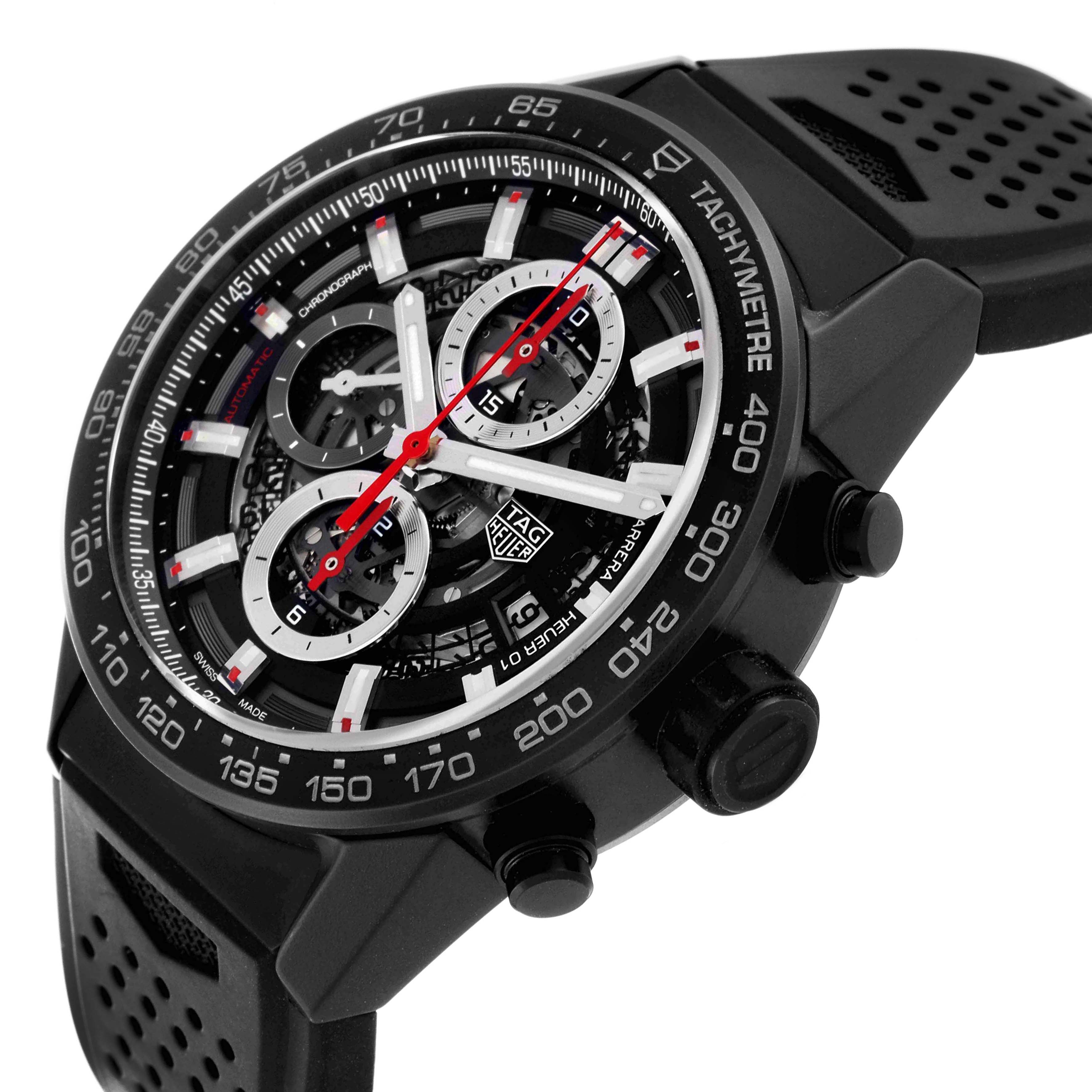 The image shows a side angle of the Tag Heuer Carrera CAR2090.BH0729 Men's Ceramic Black Dial CAR2090.BH0729 Men's Ceramic Black Dial watch, highlighting its face, dial, straps, and tachymeter scale bezel.