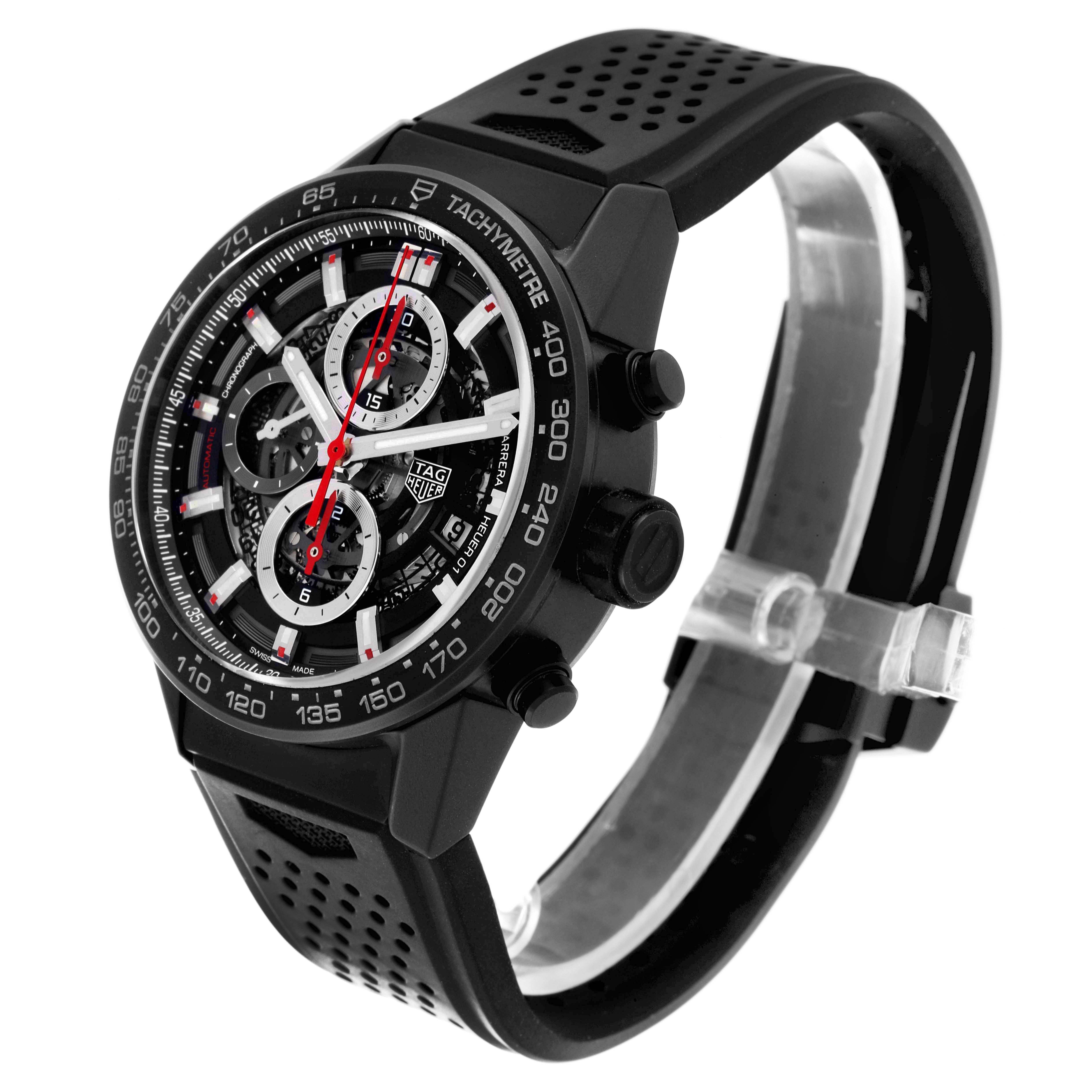 This image shows a side-angle view of the Tag Heuer Carrera CAR2090.BH0729 Men's Ceramic Black Dial CAR2090.BH0729 Men's Ceramic Black Dial watch, highlighting the face, bezel, and perforated black strap.