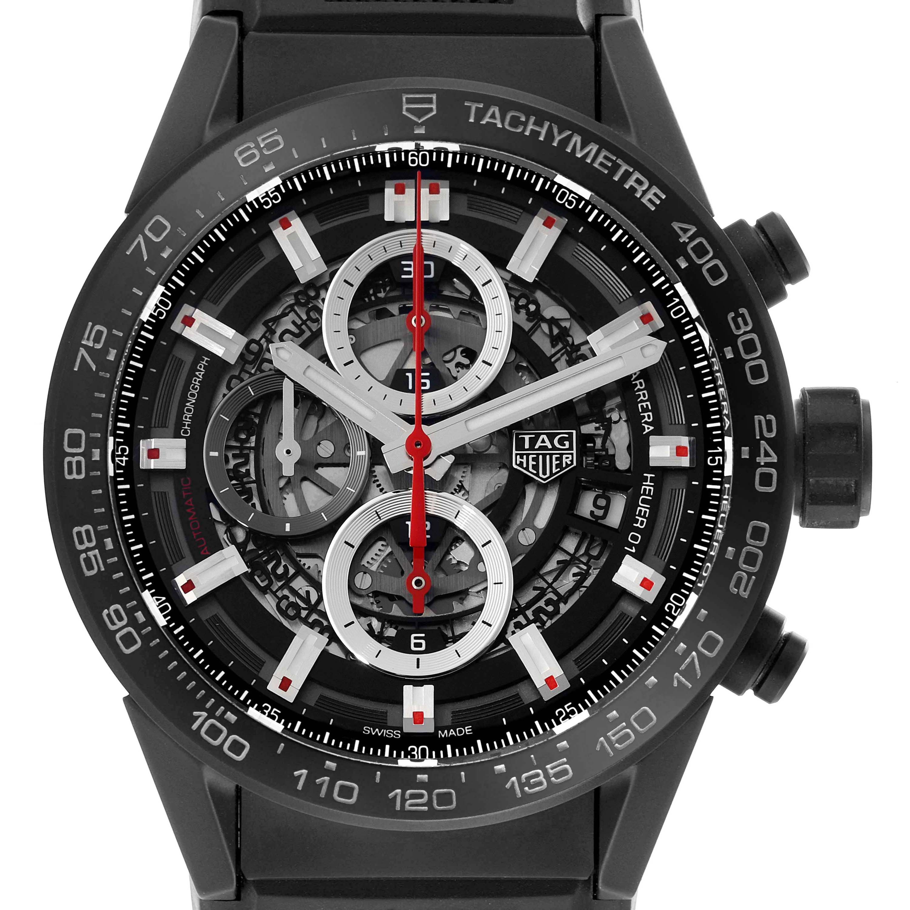 The image shows a front view of the Tag Heuer Carrera CAR2090.BH0729 Men's Ceramic Black Dial CAR2090.BH0729 Men's Ceramic Black Dial watch, displaying its skeleton dial, tachymeter bezel, and chronograph sub-dials.