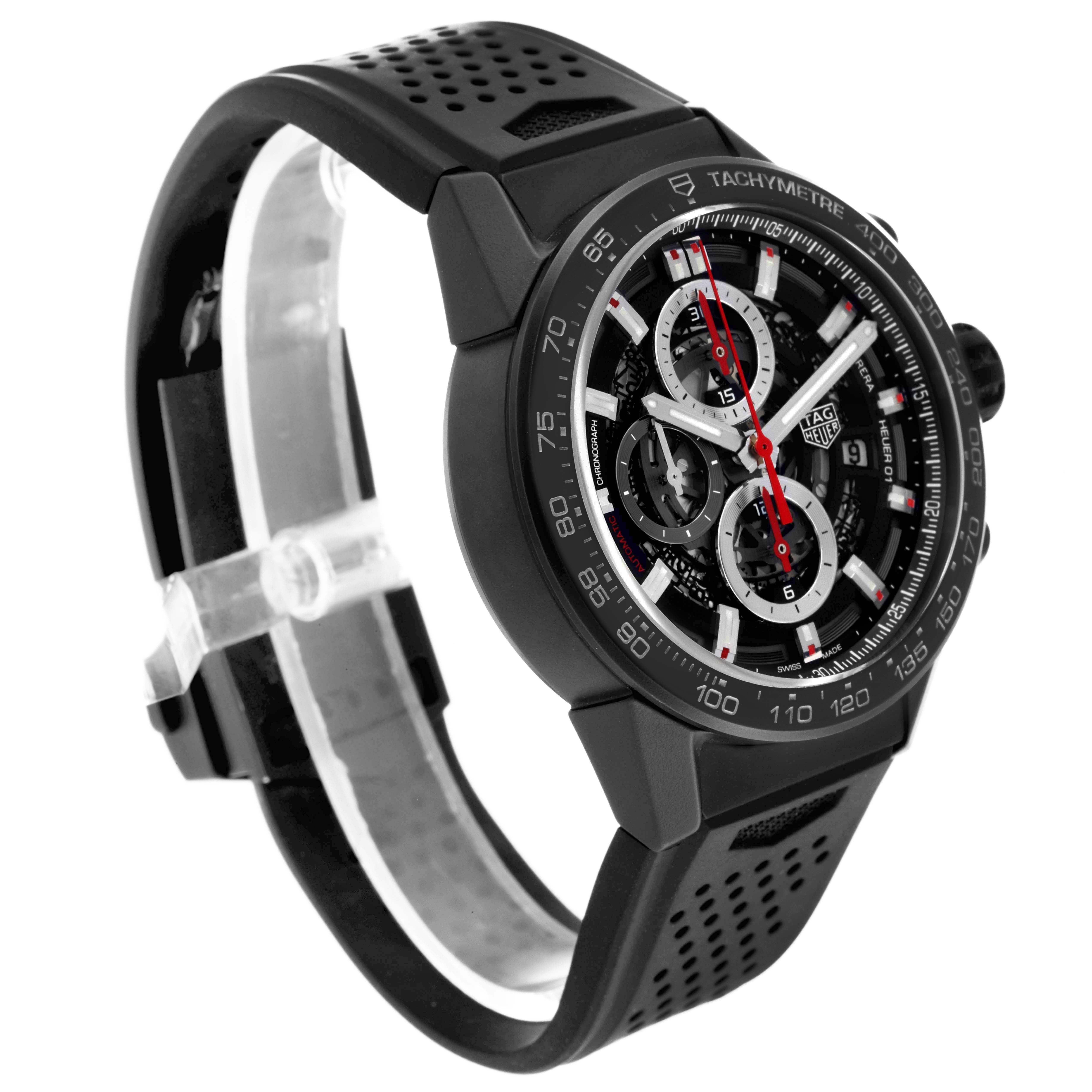 The image shows a side view of the Tag Heuer Carrera CAR2090.BH0729 Men's Ceramic Black Dial CAR2090.BH0729 Men's Ceramic Black Dial watch, highlighting its black strap, tachymetre bezel, and skeleton dial.