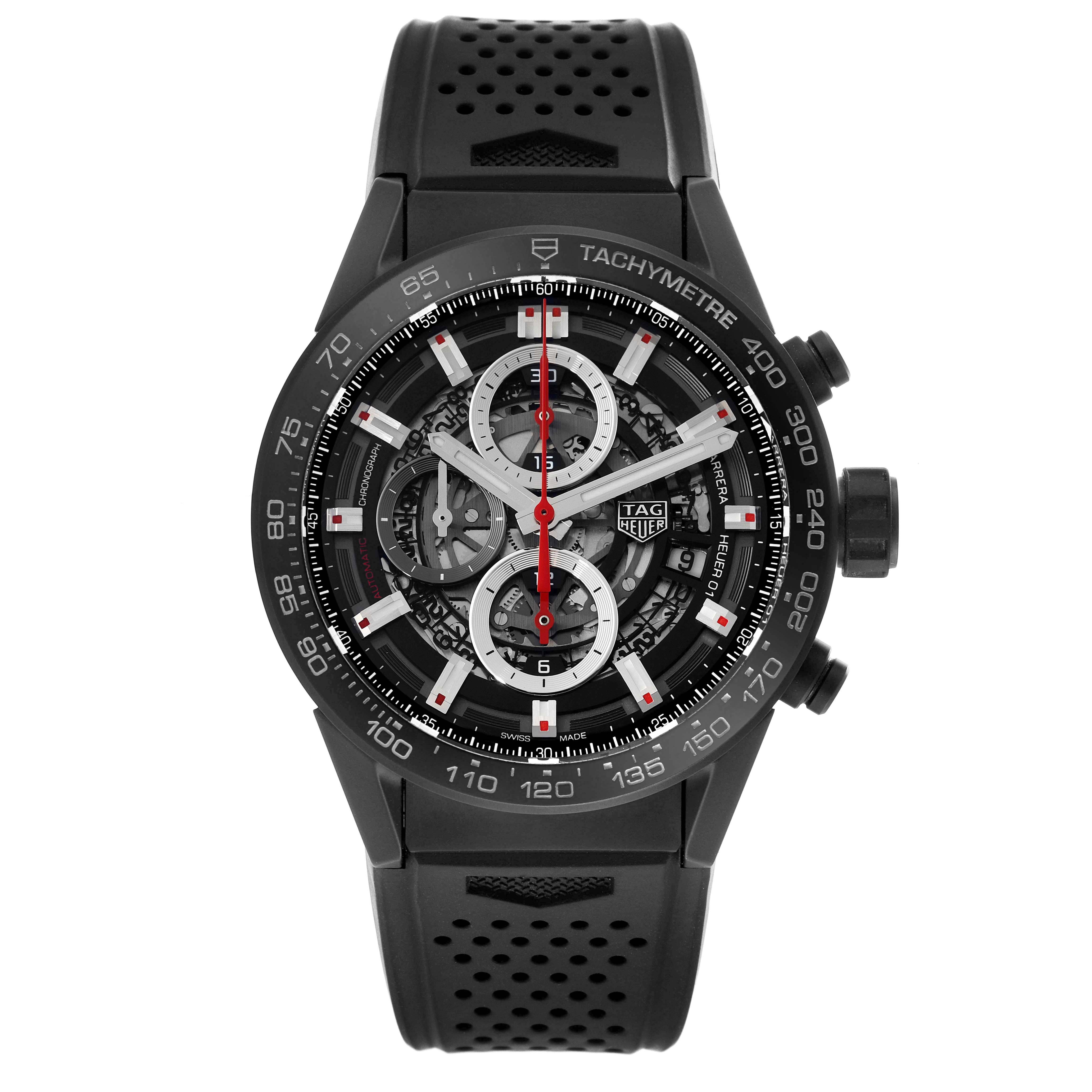 The image shows a front view of the Tag Heuer Carrera CAR2090.BH0729 Men's Ceramic Black Dial CAR2090.BH0729 Men's Ceramic Black Dial model watch, emphasizing its face, band, and side buttons.