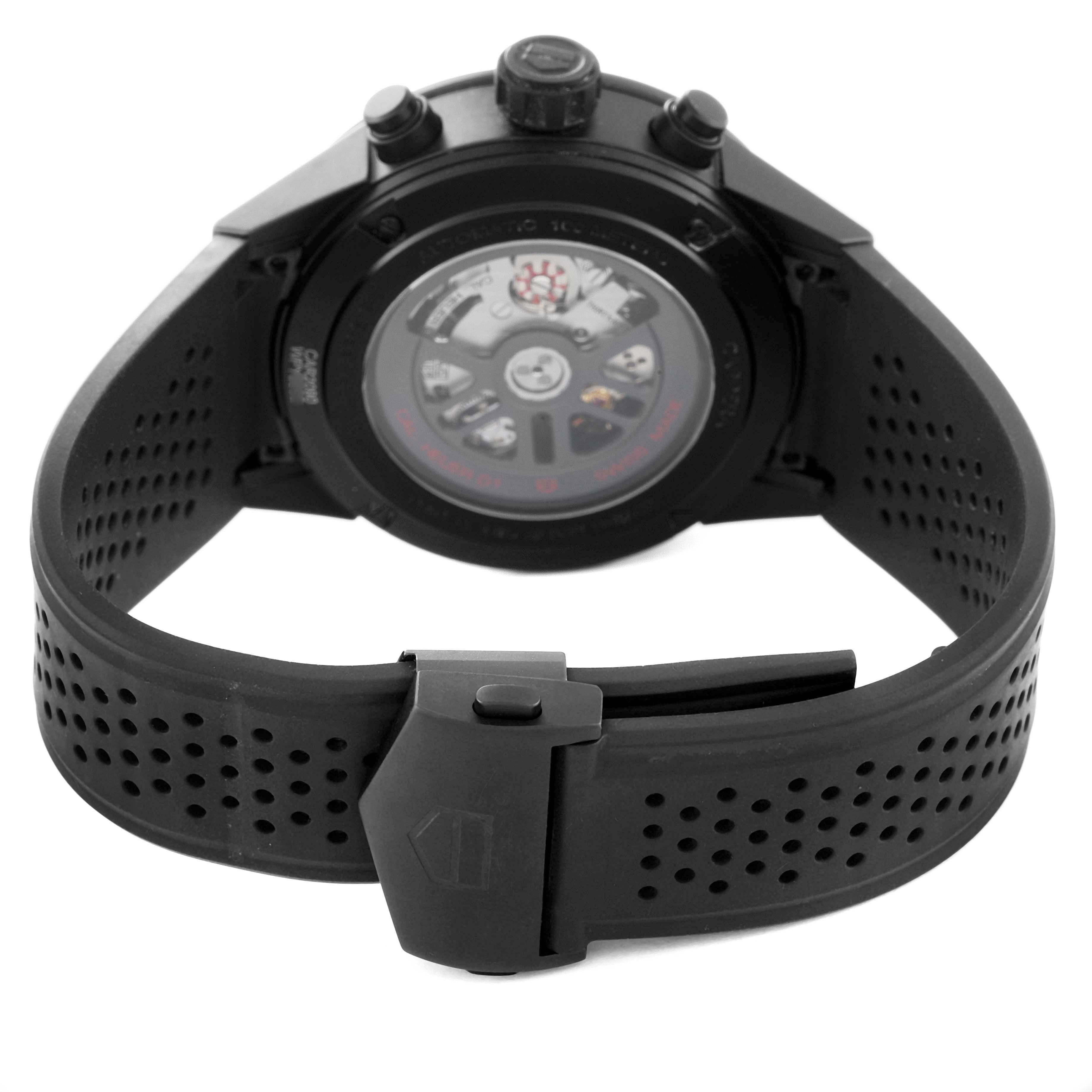 This image shows the back view of a Tag Heuer Carrera CAR2090.BH0729 Men's Ceramic Black Dial CAR2090.BH0729 Men's Ceramic Black Dial watch, highlighting the rear case and the perforated strap.