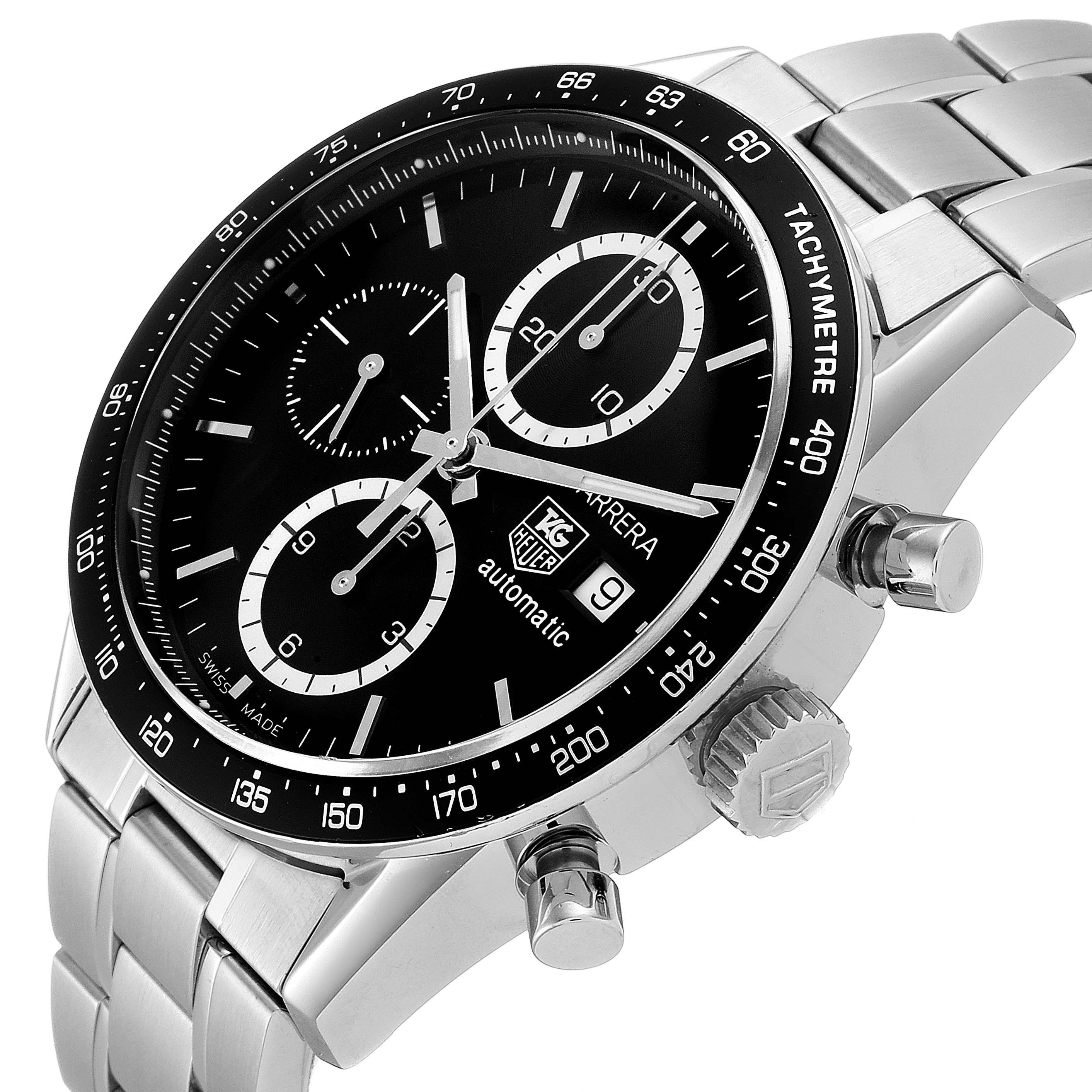 The image shows a side angle of the Tag Heuer Carrera CV2010 Men's Stainless Steel Black Dial CV2010 Men's Stainless Steel Black Dial watch, highlighting its black dial, chronograph subdials, tachymeter, and stainless steel bracelet.