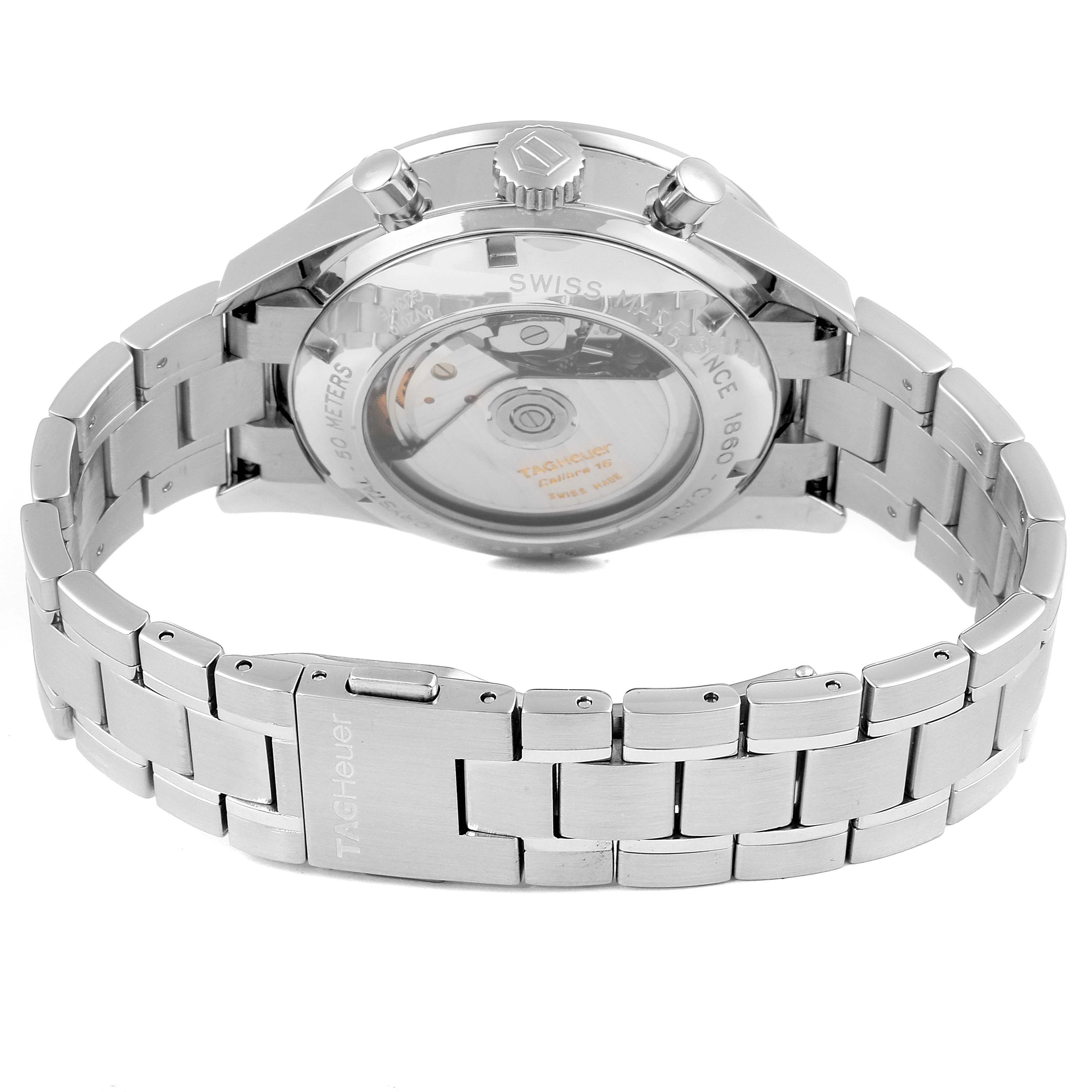 This image shows the back and side of a Tag Heuer Carrera CV2010 Men's Stainless Steel Black Dial CV2010 Men's Stainless Steel Black Dial watch, highlighting its transparent case back and stainless steel bracelet.