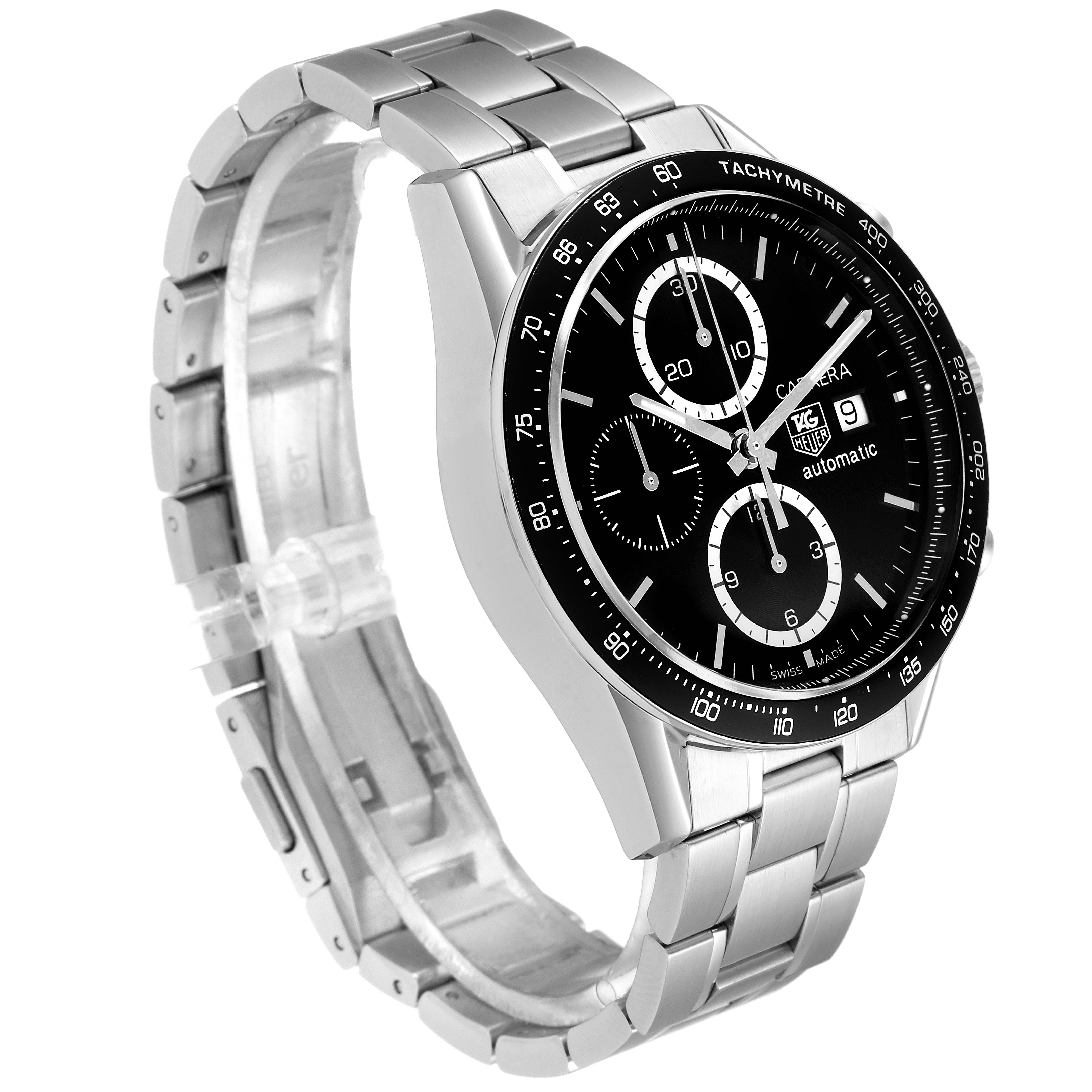 The image shows a side angle of a Tag Heuer Carrera CV2010 Men's Stainless Steel Black Dial CV2010 Men's Stainless Steel Black Dial model watch, highlighting its stainless steel bracelet and black dial with chronograph functions.