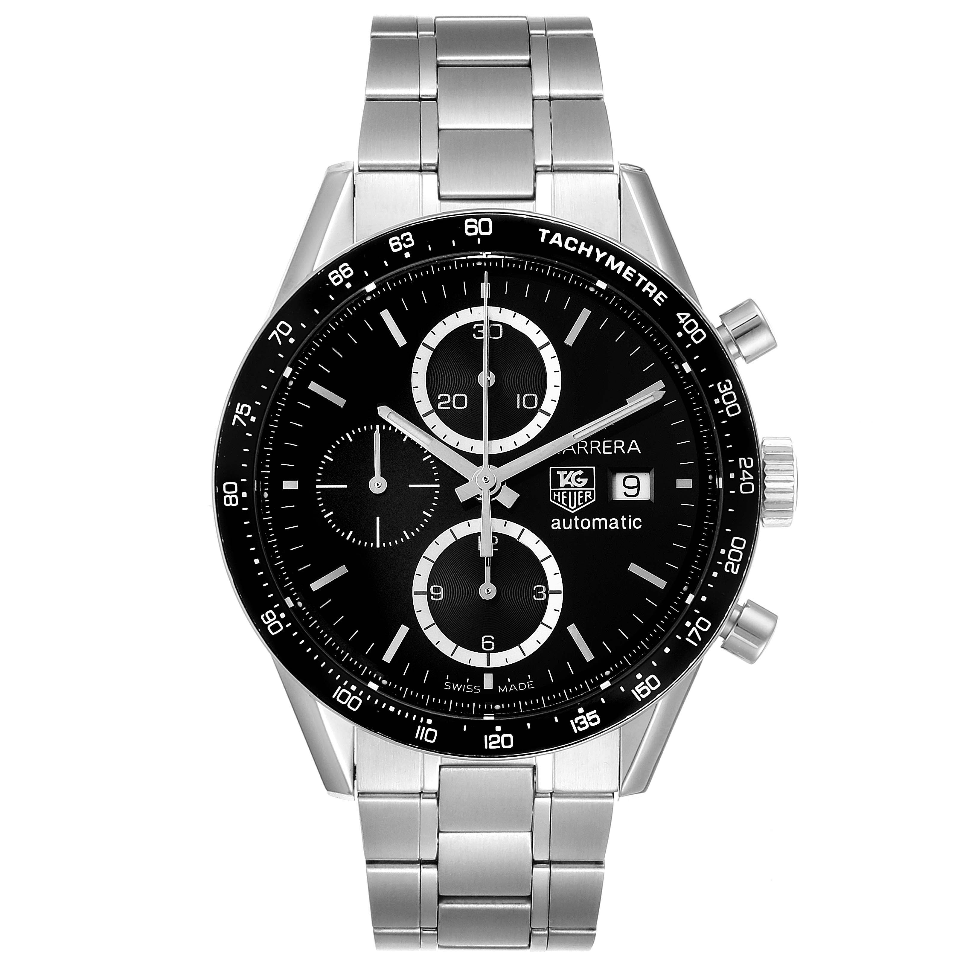 The image shows a frontal view of a Tag Heuer Carrera CV2010 Men's Stainless Steel Black Dial CV2010 Men's Stainless Steel Black Dial model watch, displaying its face, bezel, and bracelet clearly.