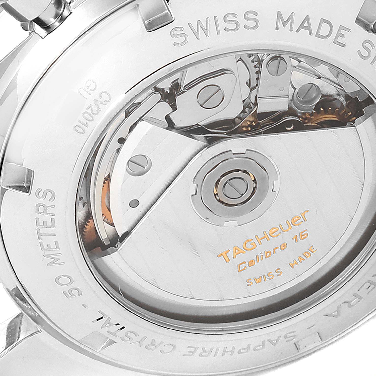 This image shows the back of the Tag Heuer Carrera CV2010 Men's Stainless Steel Black Dial CV2010 Men's Stainless Steel Black Dial watch, highlighting its mechanical movement and inscriptions.