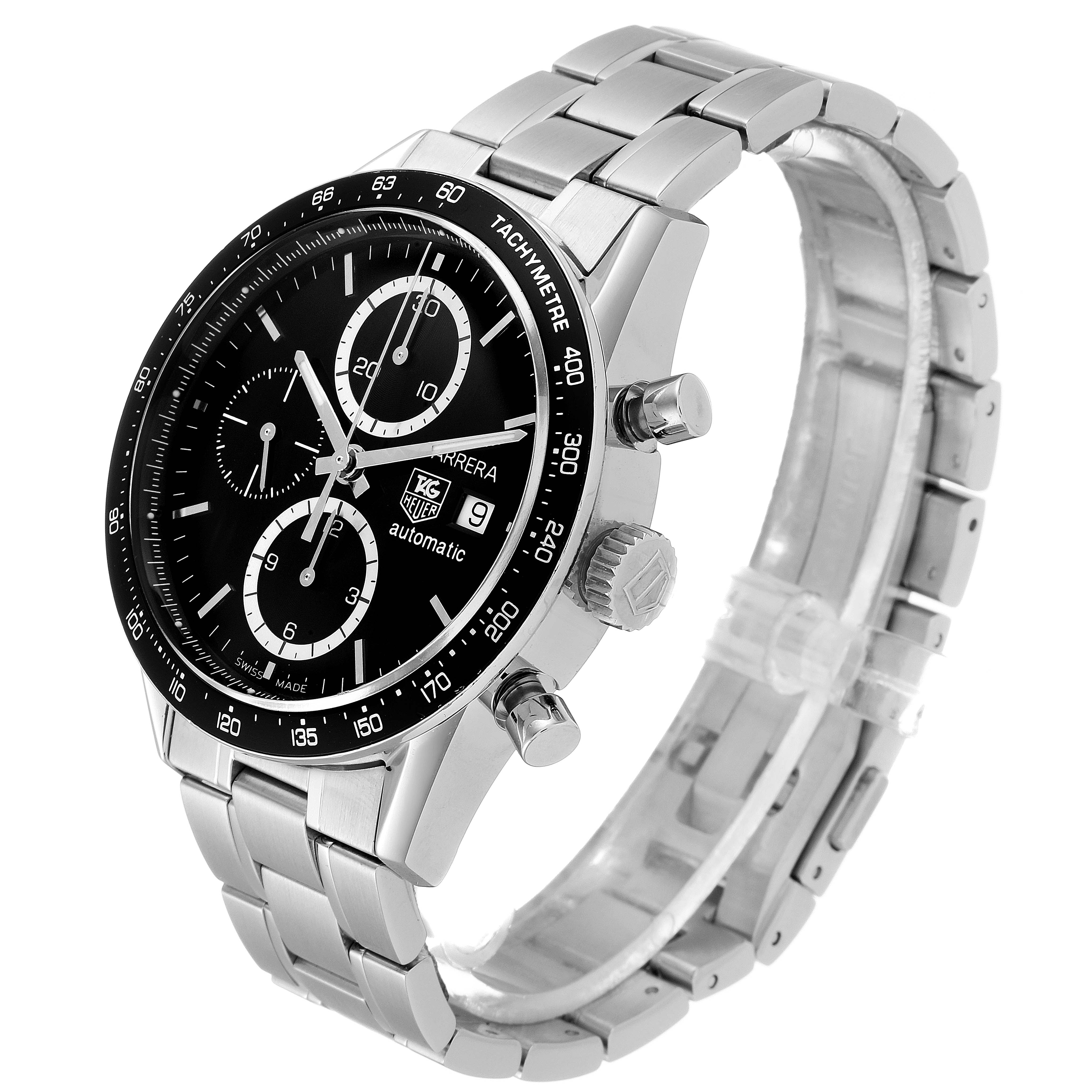 The image shows a Tag Heuer Carrera CV2010 Men's Stainless Steel Black Dial CV2010 Men's Stainless Steel Black Dial wristwatch at a three-quarter angle, highlighting the face, bezel, crown, buttons, and bracelet.