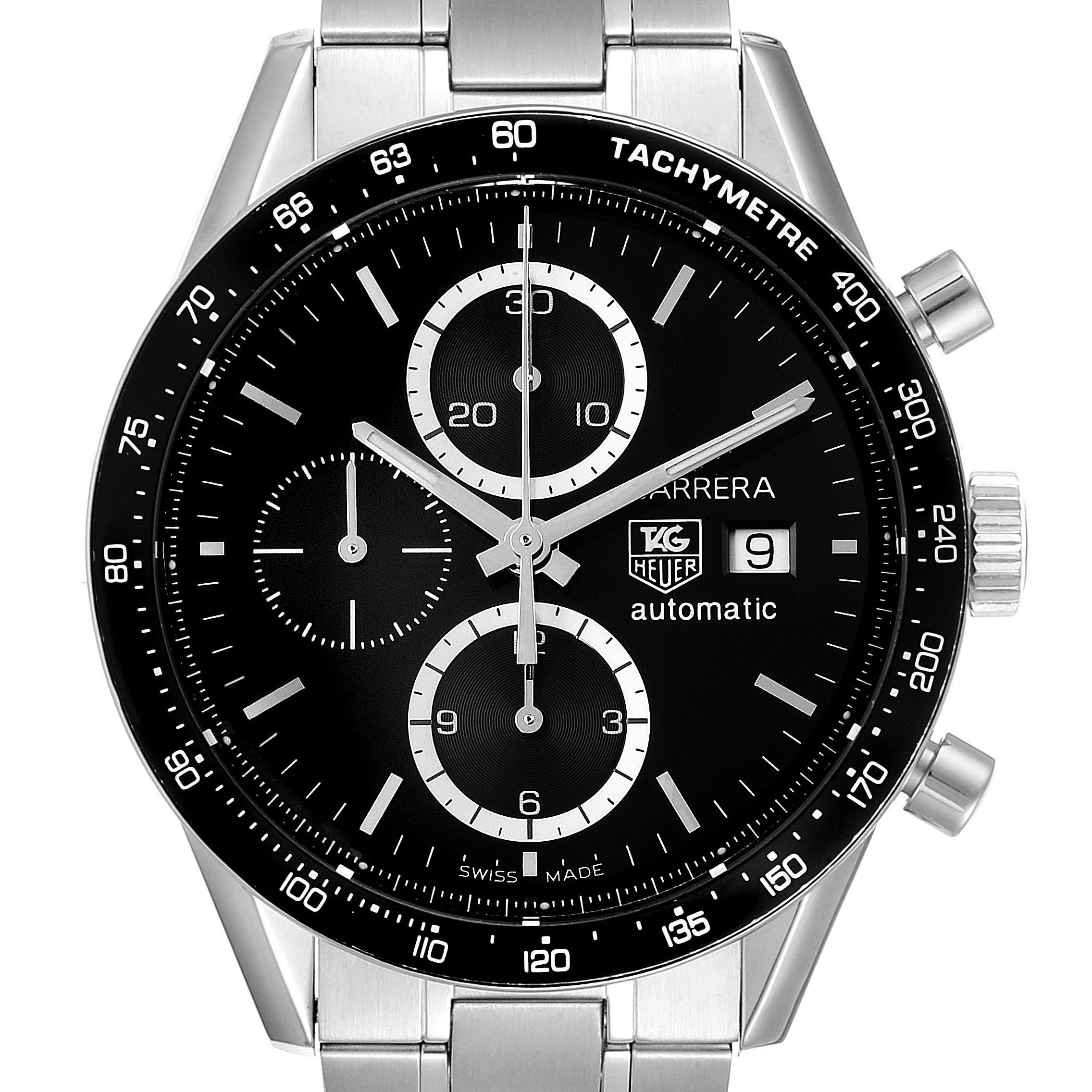 The image shows a frontal view of a Tag Heuer Carrera CV2010 Men's Stainless Steel Black Dial CV2010 Men's Stainless Steel Black Dial watch, highlighting its dial, tachymeter, bezel, and chronograph subdials.