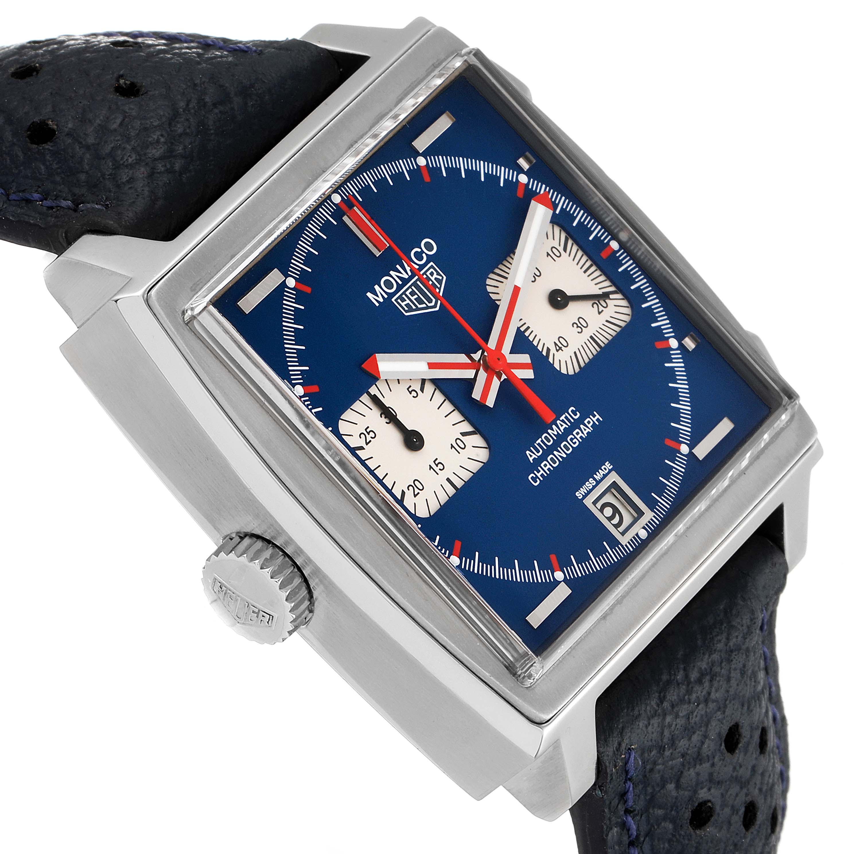 The image shows a Tag Heuer Monaco watch at a side angle, highlighting the blue square dial, pushers, crown, and black leather strap.