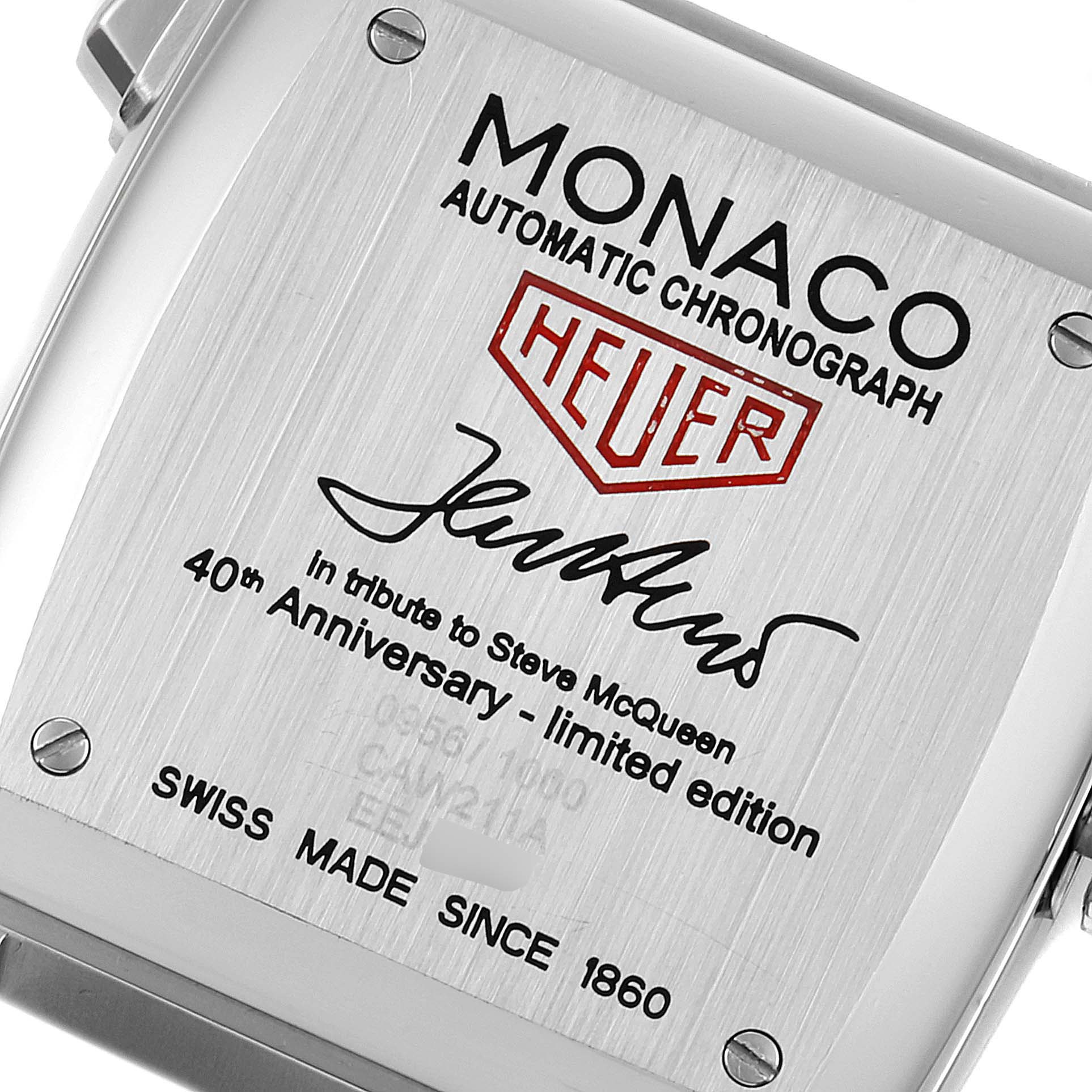 This image shows the back case of the Tag Heuer Monaco watch, displaying inscriptions and limited edition details.