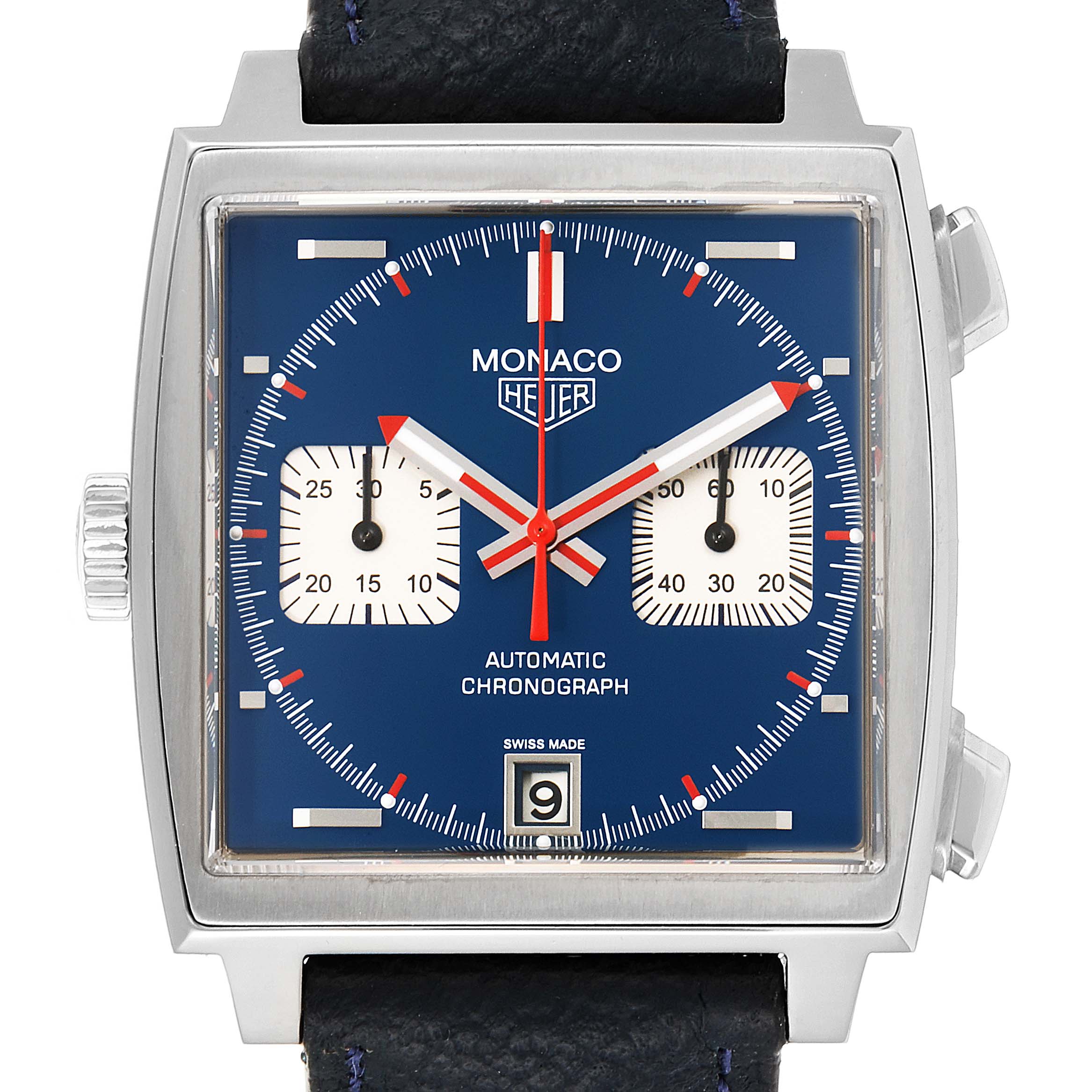 The image shows a front view of the Tag Heuer Monaco Limited Edition watch, highlighting its square blue dial and chronograph features.