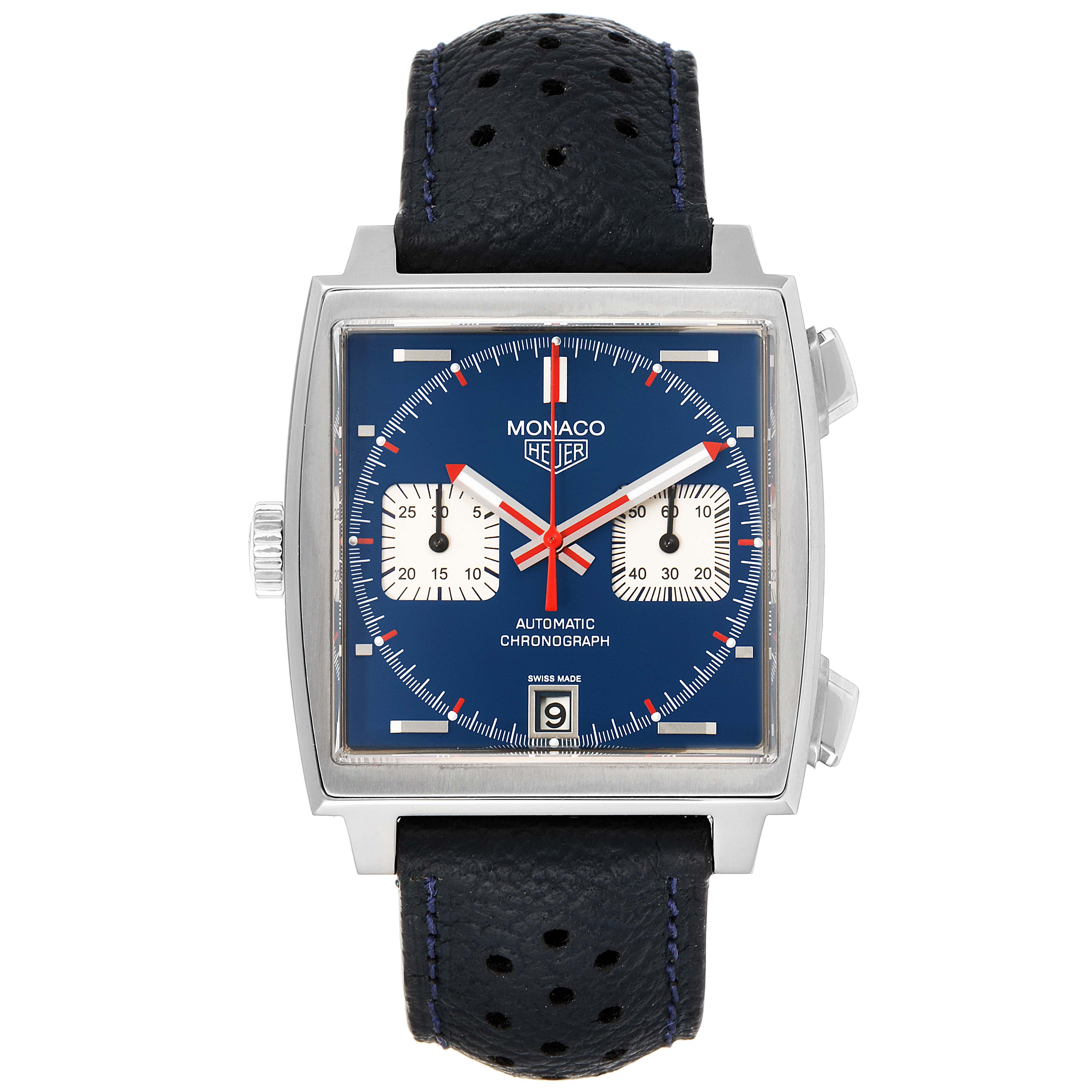 This image displays a front view of the Tag Heuer Monaco watch, showing the dial, subdials, date display, and perforated leather strap.