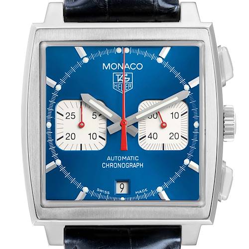 The Tag Heuer Monaco CW2113 Men's Stainless Steel Blue Dial watch is shown front-facing, highlighting the blue dial, subdials, date window, and crown on the side.