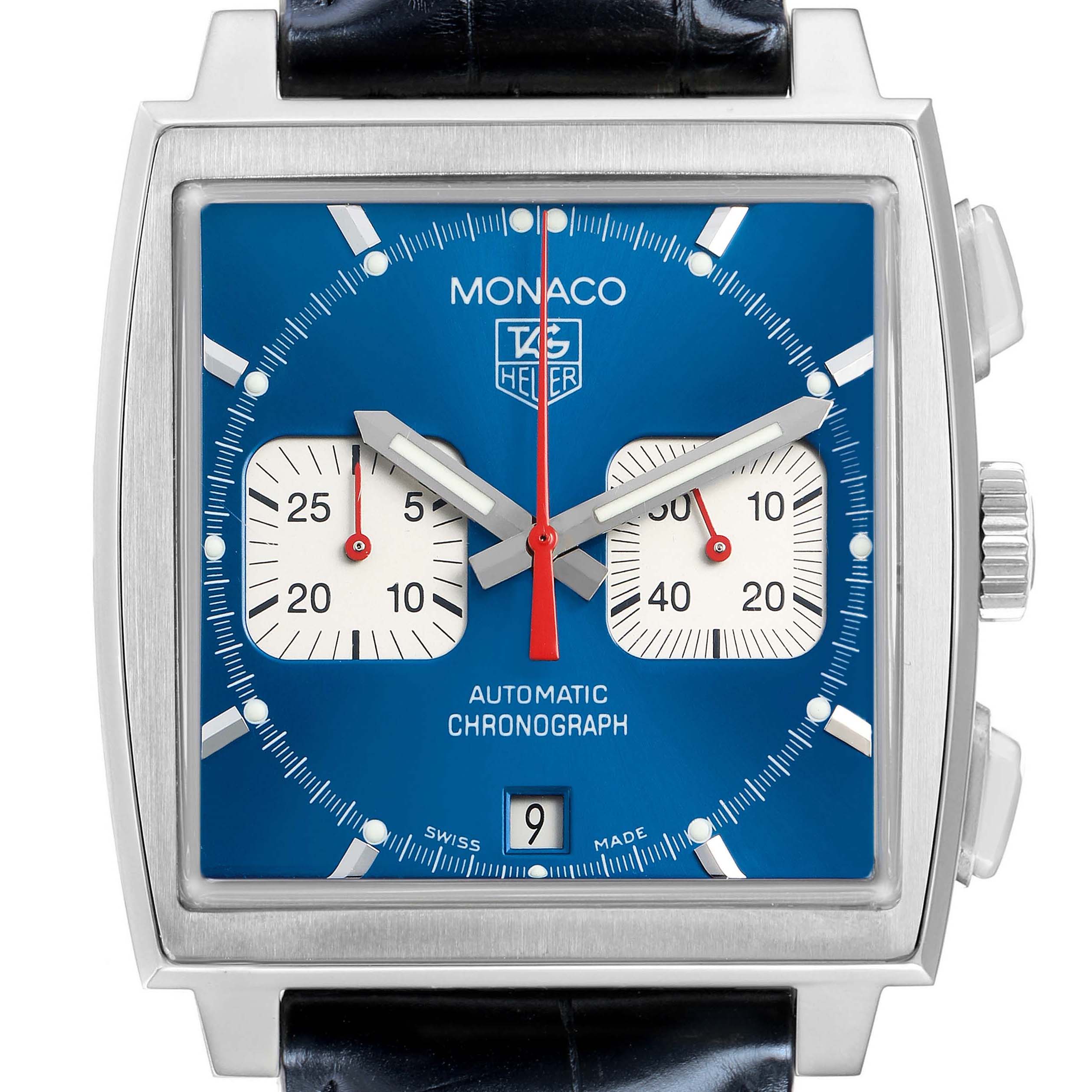 The Tag Heuer Monaco CW2113 Men's Stainless Steel Blue Dial watch is shown from the front, displaying a blue dial, chronograph subdials, and a date window.
