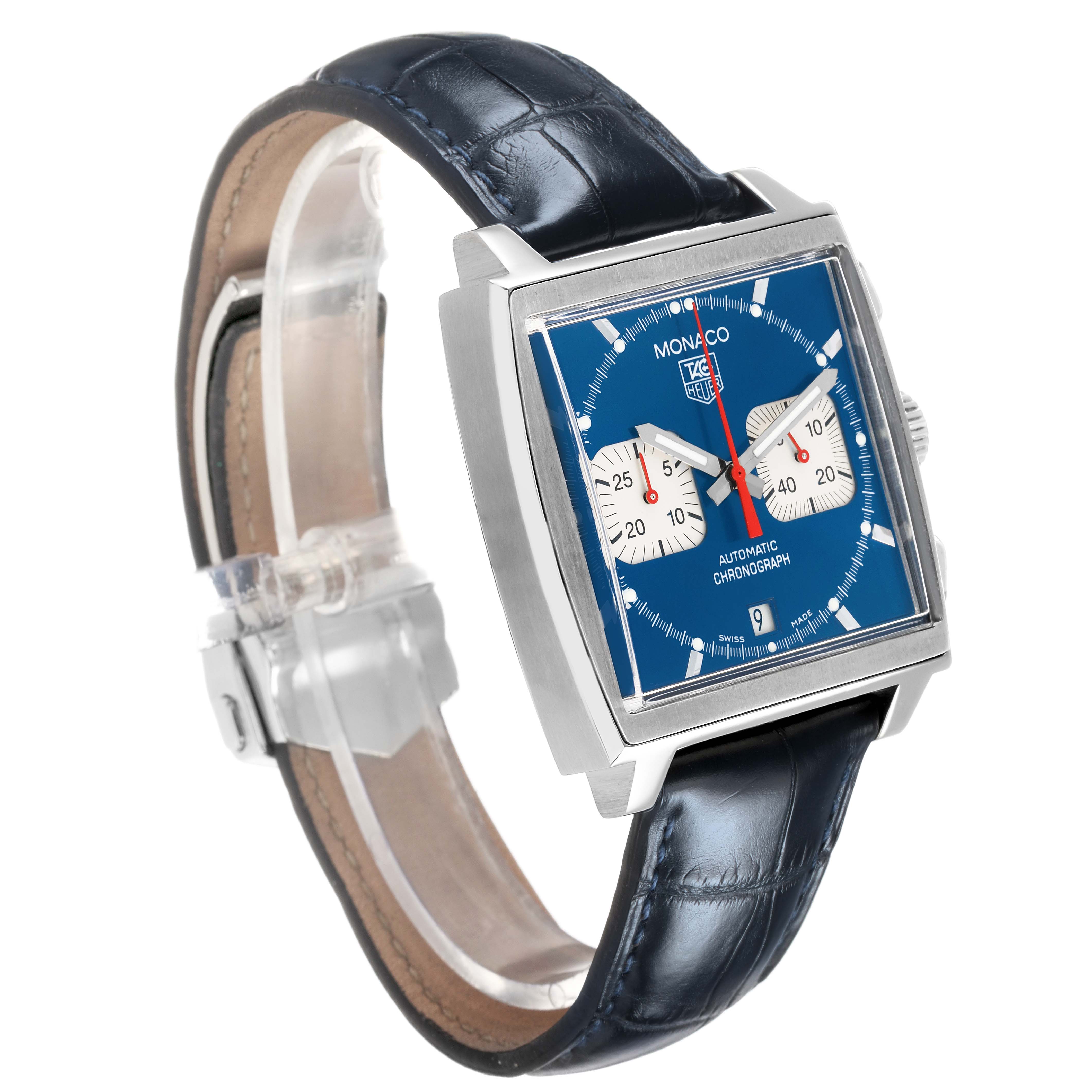 The Tag Heuer Monaco CW2113 Men's Stainless Steel Blue Dial watch is shown at a slight angle, highlighting its square dial, leather strap, and side chronograph buttons.