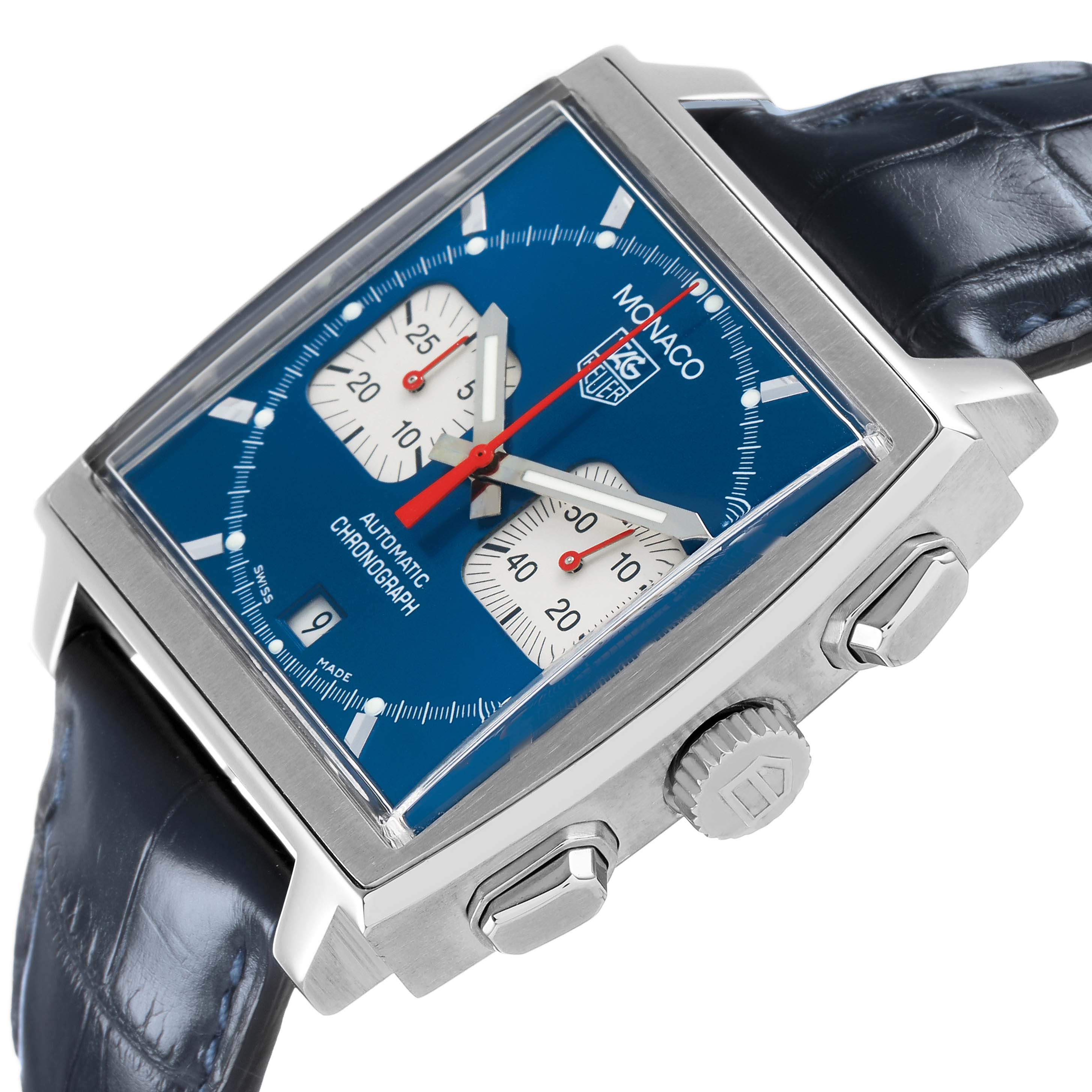 The Tag Heuer Monaco CW2113 Men's Stainless Steel Blue Dial watch is shown at a slight angle, highlighting the blue face, square case, crown, pushers, and leather strap.