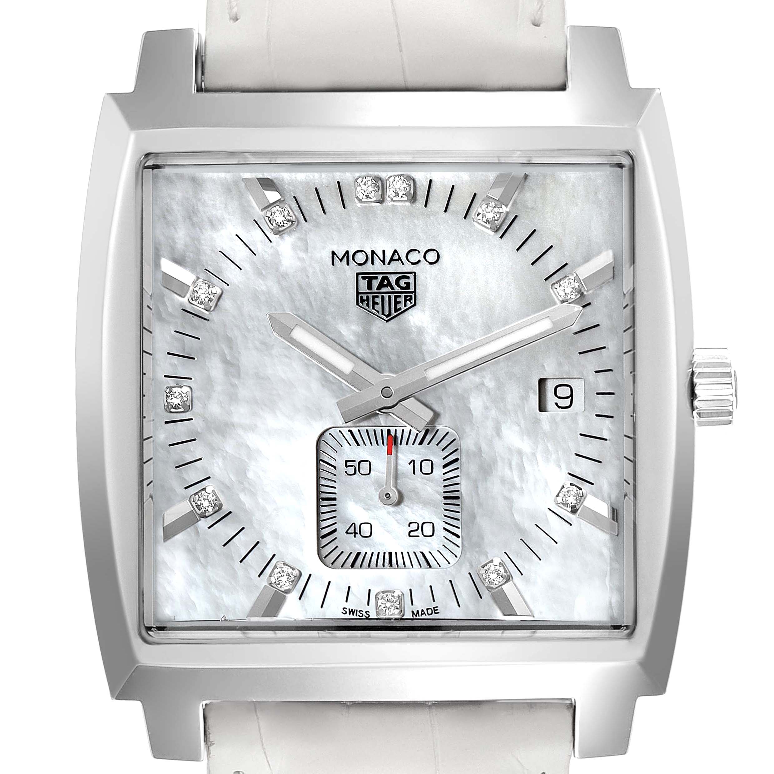 The image shows a close-up of the Tag Heuer Monaco WAW131B.FC6247 Women's Stainless Steel Mother of Pearl Dial WAW131B.FC6247 Women's Stainless Steel Mother of Pearl Dial watch face, highlighting its dial, hands, date window, and crown.