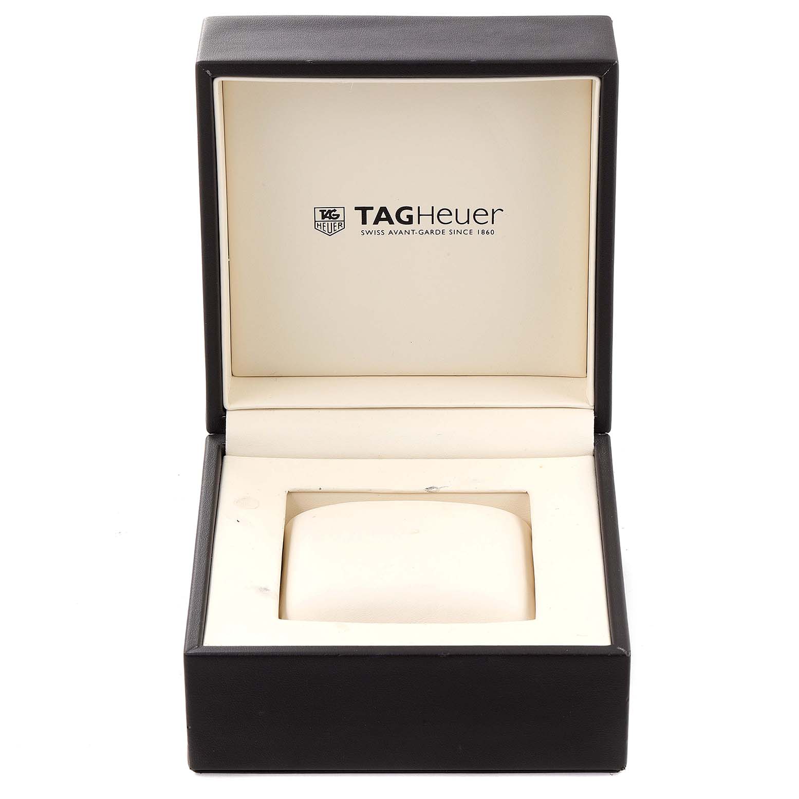 The image shows an open Tag Heuer Monaco WAW131B.FC6247 Women's Stainless Steel Mother of Pearl Dial WAW131B.FC6247 Women's Stainless Steel Mother of Pearl Dial watch box from a front angle, highlighting the interior cushion.