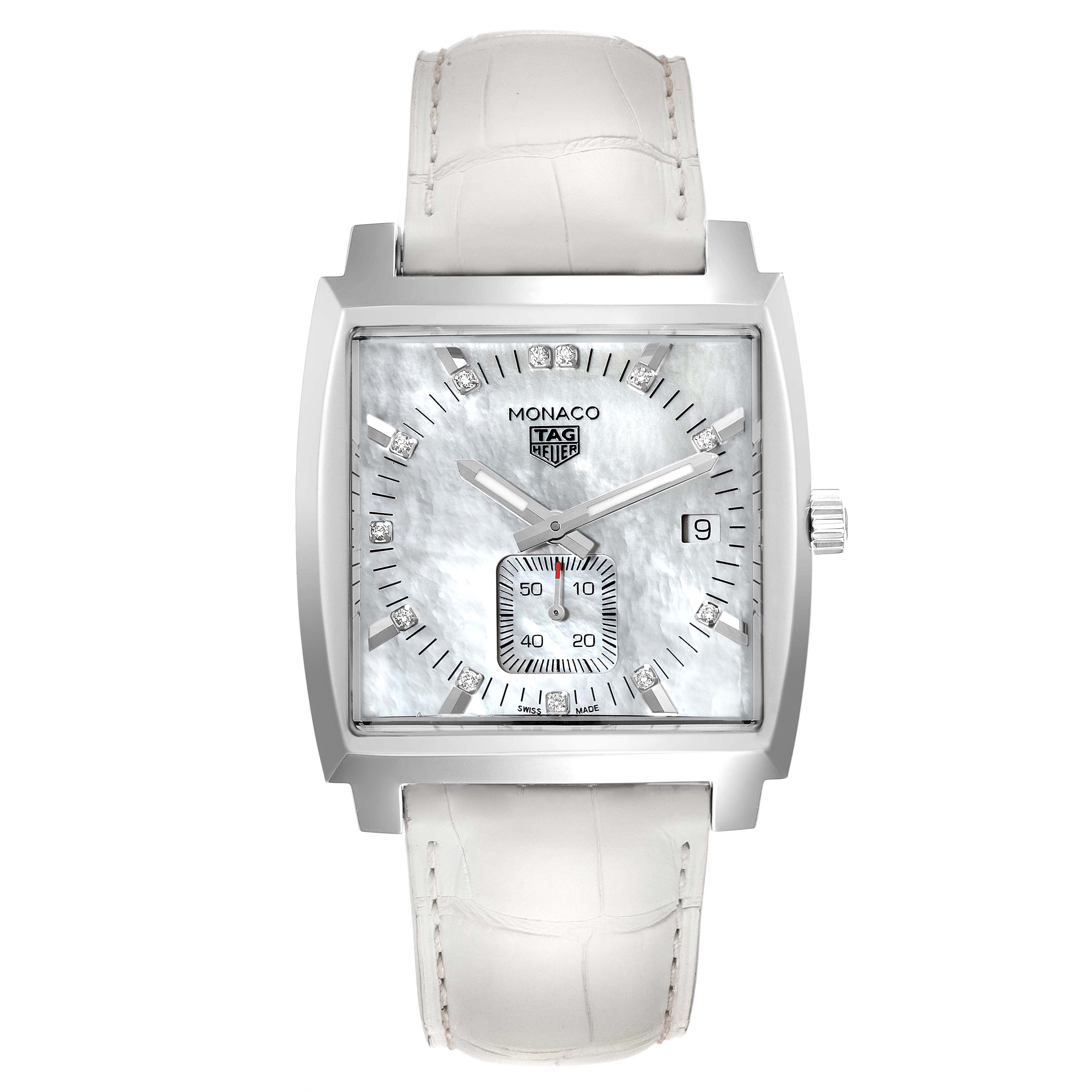 The image shows a front view of the Tag Heuer Monaco WAW131B.FC6247 Women's Stainless Steel Mother of Pearl Dial WAW131B.FC6247 Women's Stainless Steel Mother of Pearl Dial watch, showcasing its square face, dial, and strap.