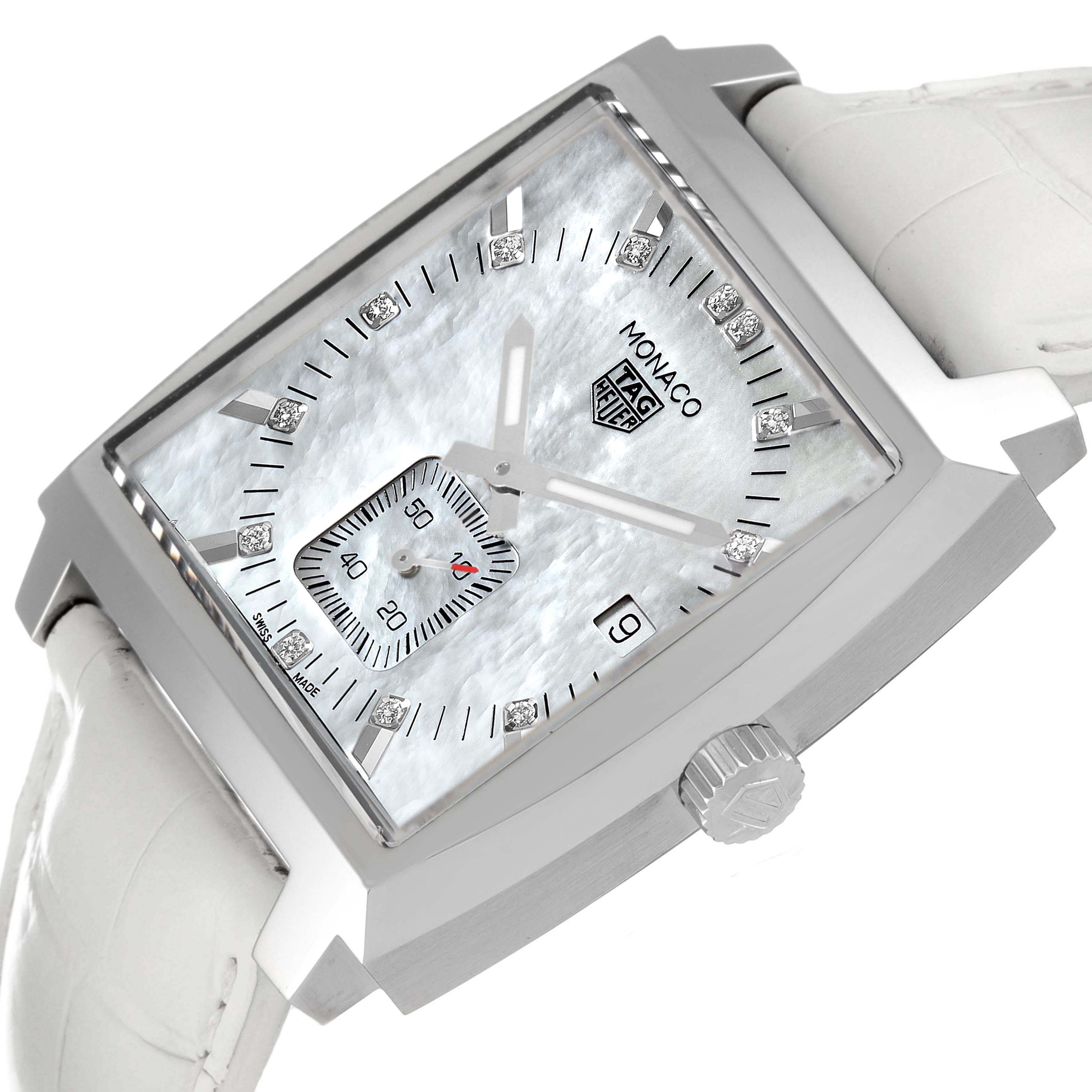 This image shows a side-angle view of a Tag Heuer Monaco WAW131B.FC6247 Women's Stainless Steel Mother of Pearl Dial WAW131B.FC6247 Women's Stainless Steel Mother of Pearl Dial watch highlighting the face, bezel, and crown, with a white leather strap.