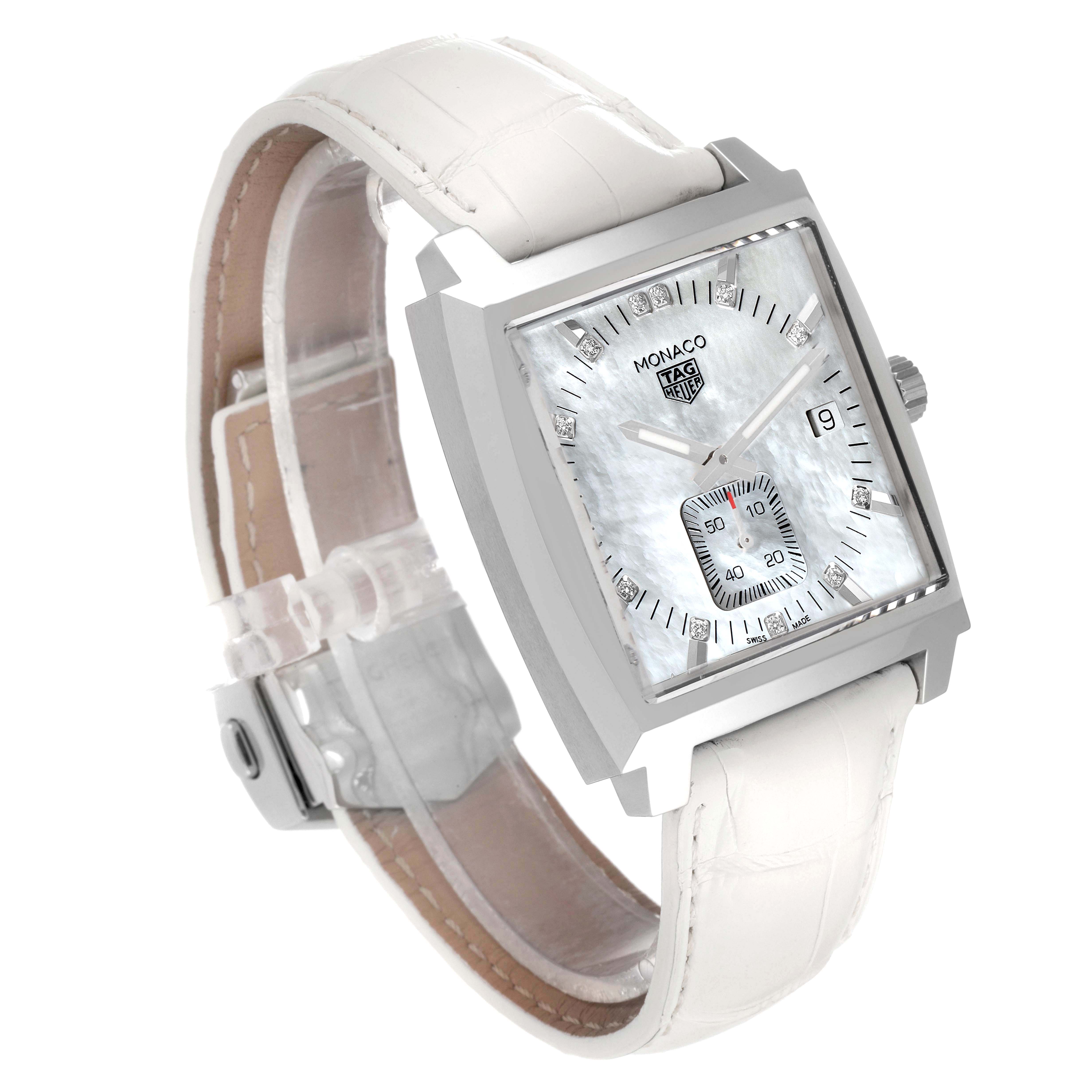 The Tag Heuer Monaco WAW131B.FC6247 Women's Stainless Steel Mother of Pearl Dial WAW131B.FC6247 Women's Stainless Steel Mother of Pearl Dial watch is shown in a three-quarter view, displaying the dial, crown, and white leather strap.