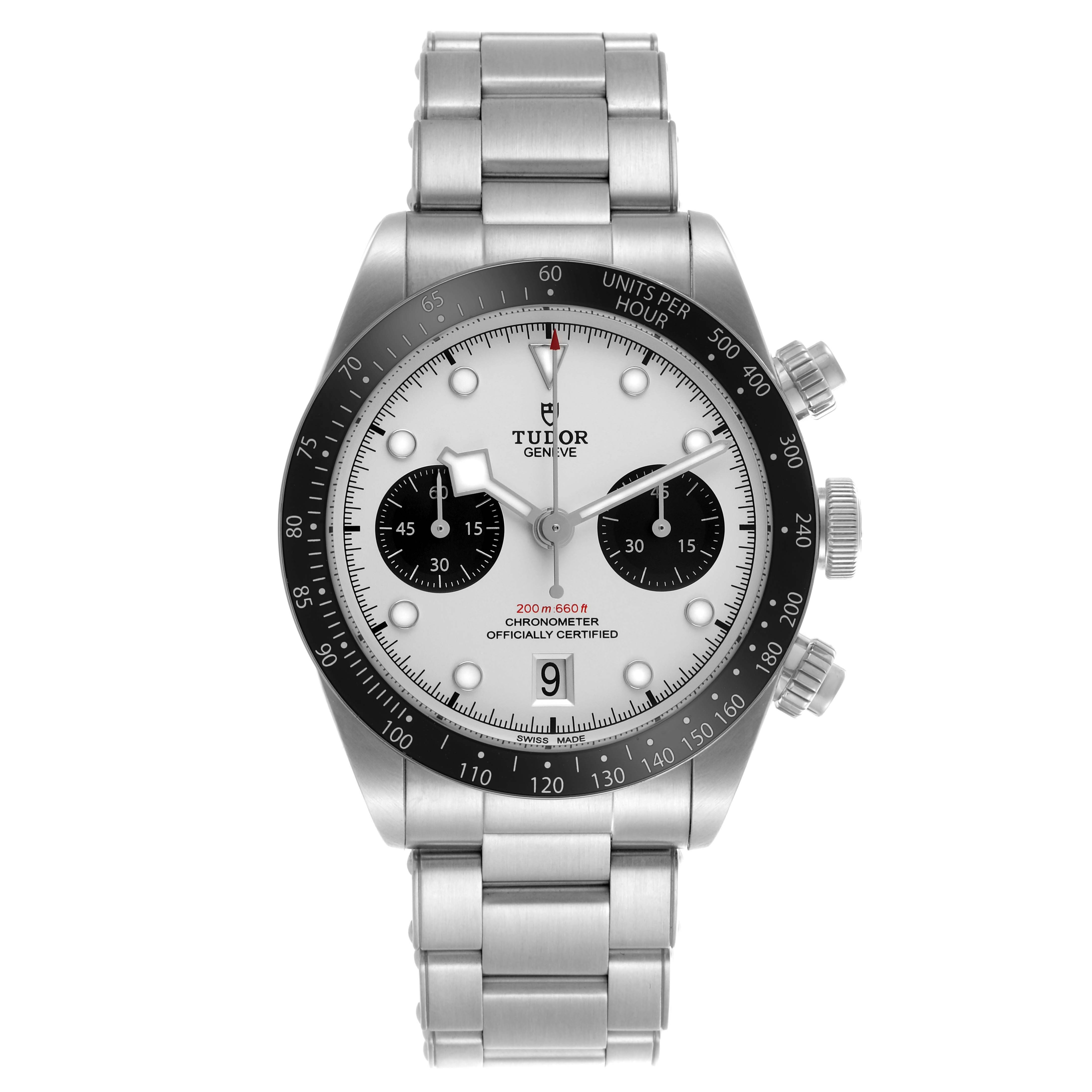 The Tudor Heritage Black Bay 79360 Men's Stainless Steel Silver Dial model is shown from a front angle, displaying the dial, bezel, and stainless steel bracelet.