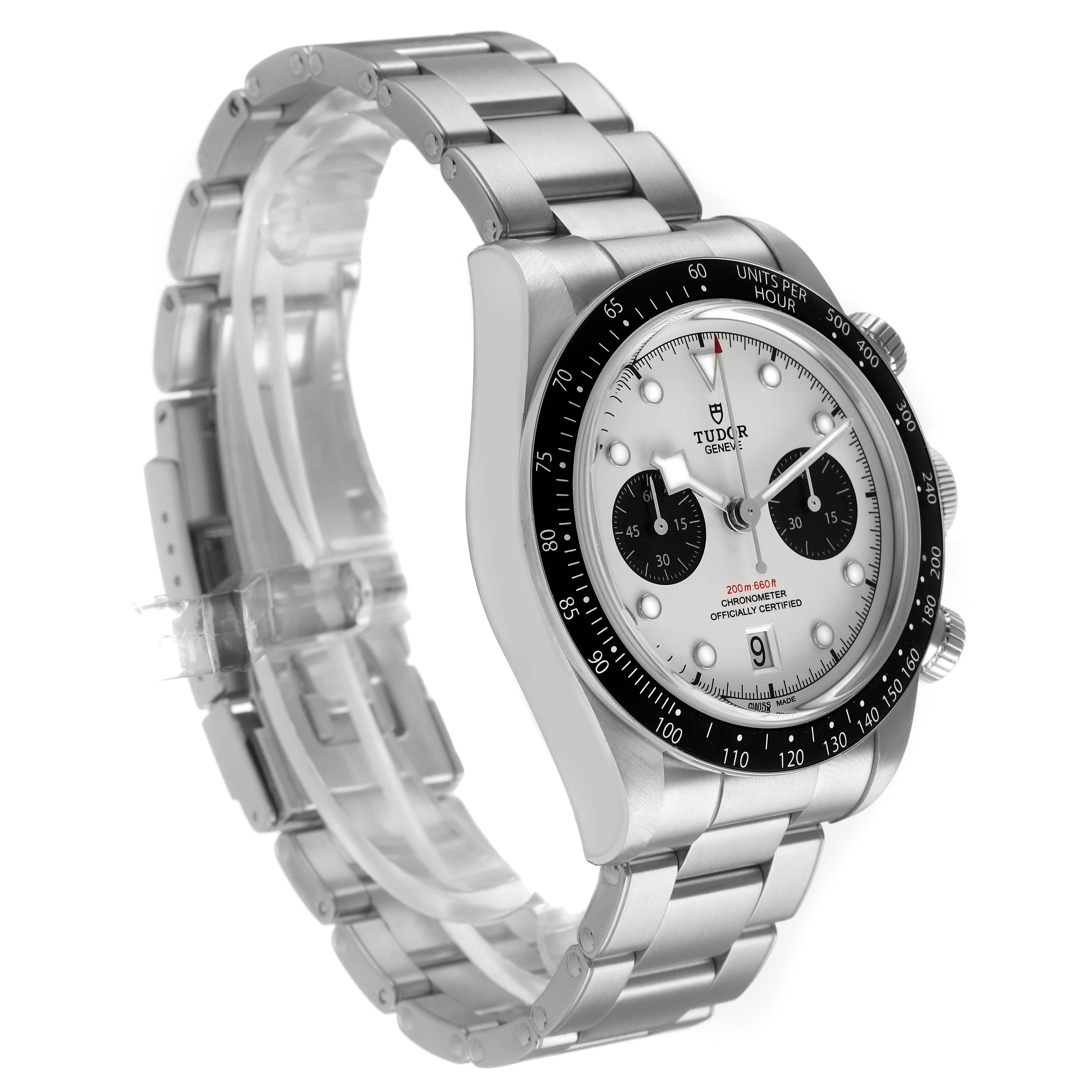 The Tudor Heritage Black Bay 79360 Men's Stainless Steel Silver Dial watch is shown at a slight angle from the left, highlighting the dial, bezel, and bracelet.