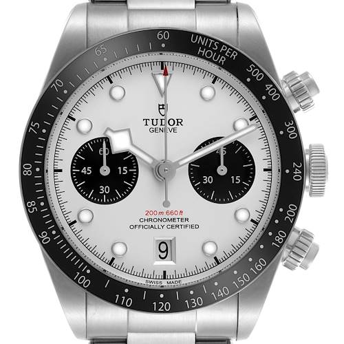 The Tudor Heritage Black Bay 79360 Men's Stainless Steel Silver Dial watch is shown from the front, highlighting its dial, chronograph subdials, and bezel.