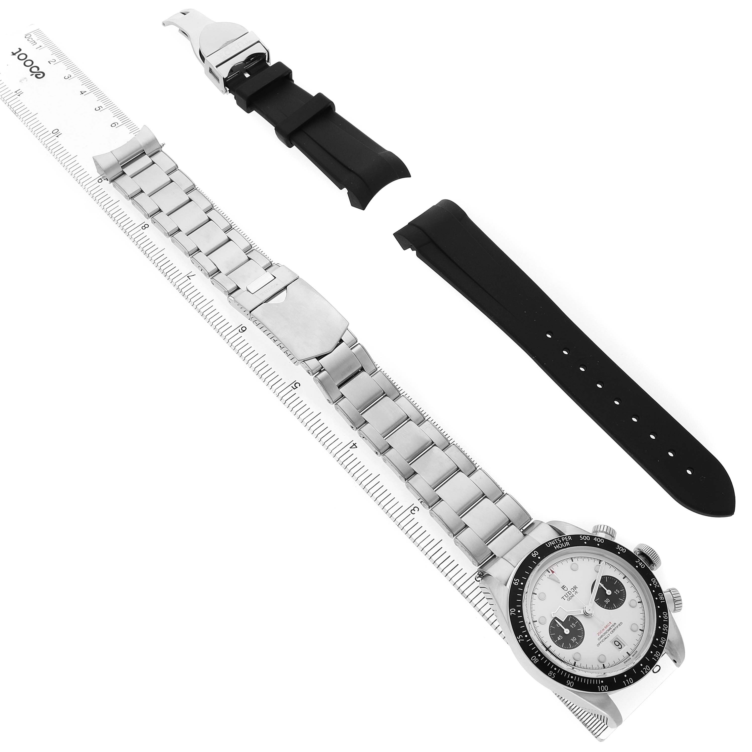 The image shows a Tudor Heritage Black Bay 79360 Men's Stainless Steel Silver Dial watch with steel and rubber straps positioned horizontally.