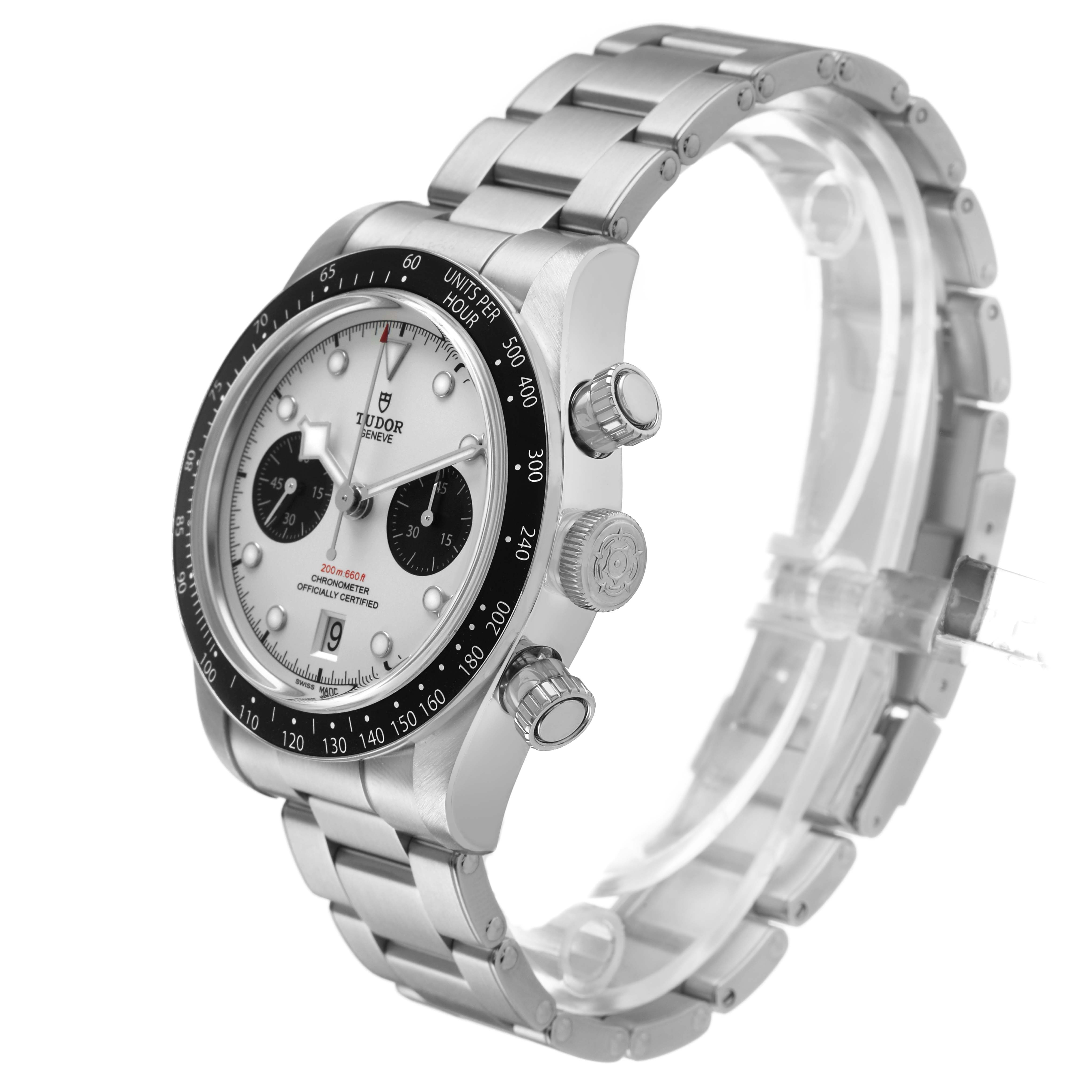 The Tudor Heritage Black Bay 79360 Men's Stainless Steel Silver Dial watch is shown at a side angle, highlighting the case, bezel, dial, and stainless steel bracelet.