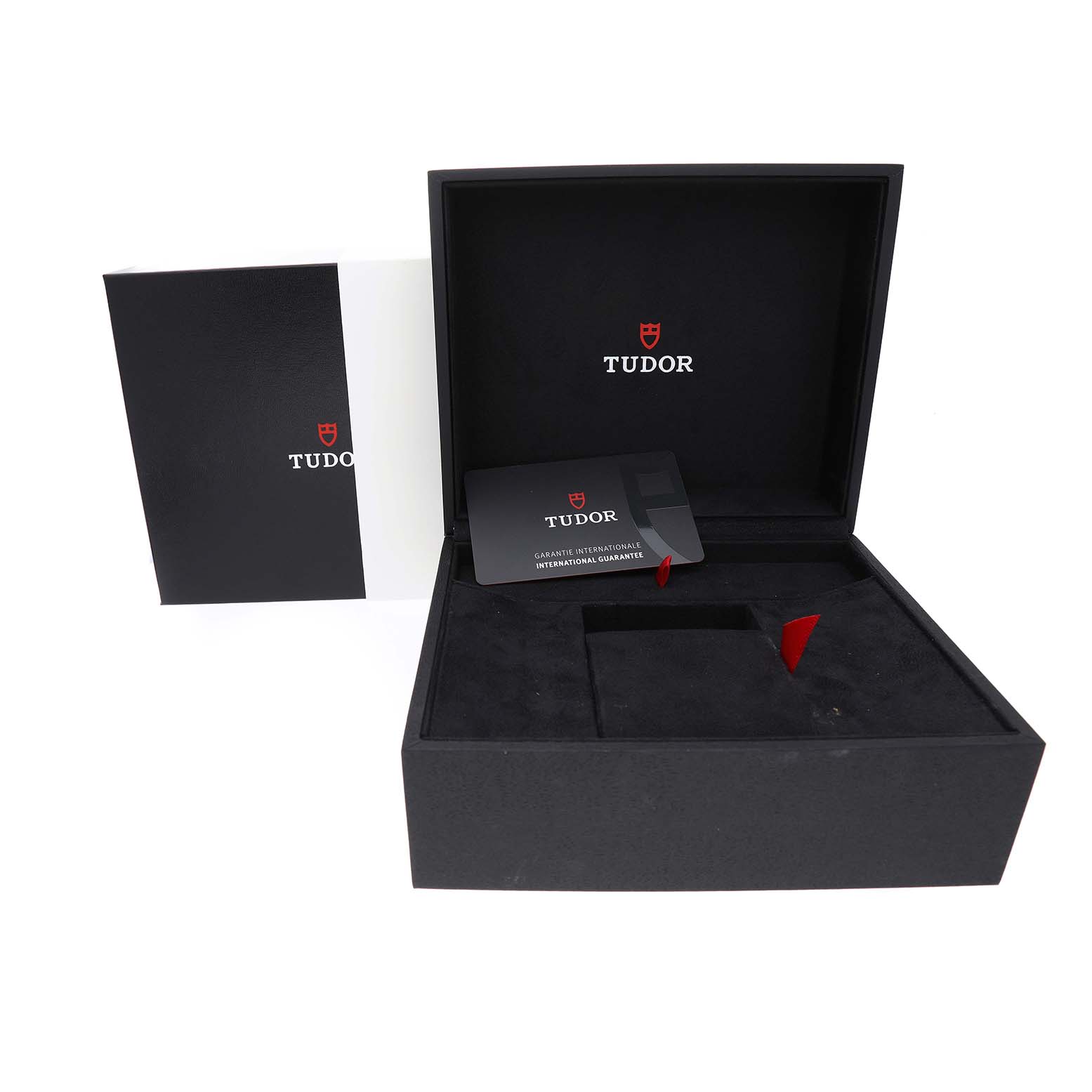 The image shows Tudor Heritage Black Bay 79230R Men's Stainless Steel Black Dial packaging with an open box and a warranty card.