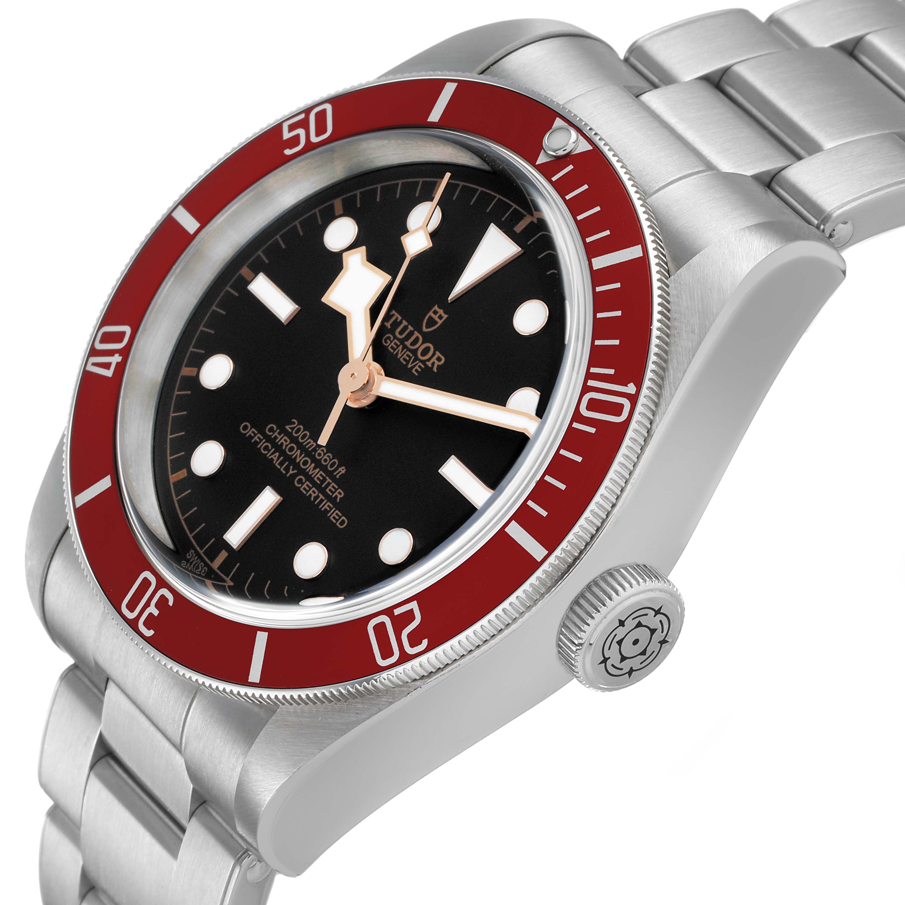 The Tudor Heritage Black Bay 79230R Men's Stainless Steel Black Dial watch is shown from a side angle, highlighting the red bezel, dial, and crown details.