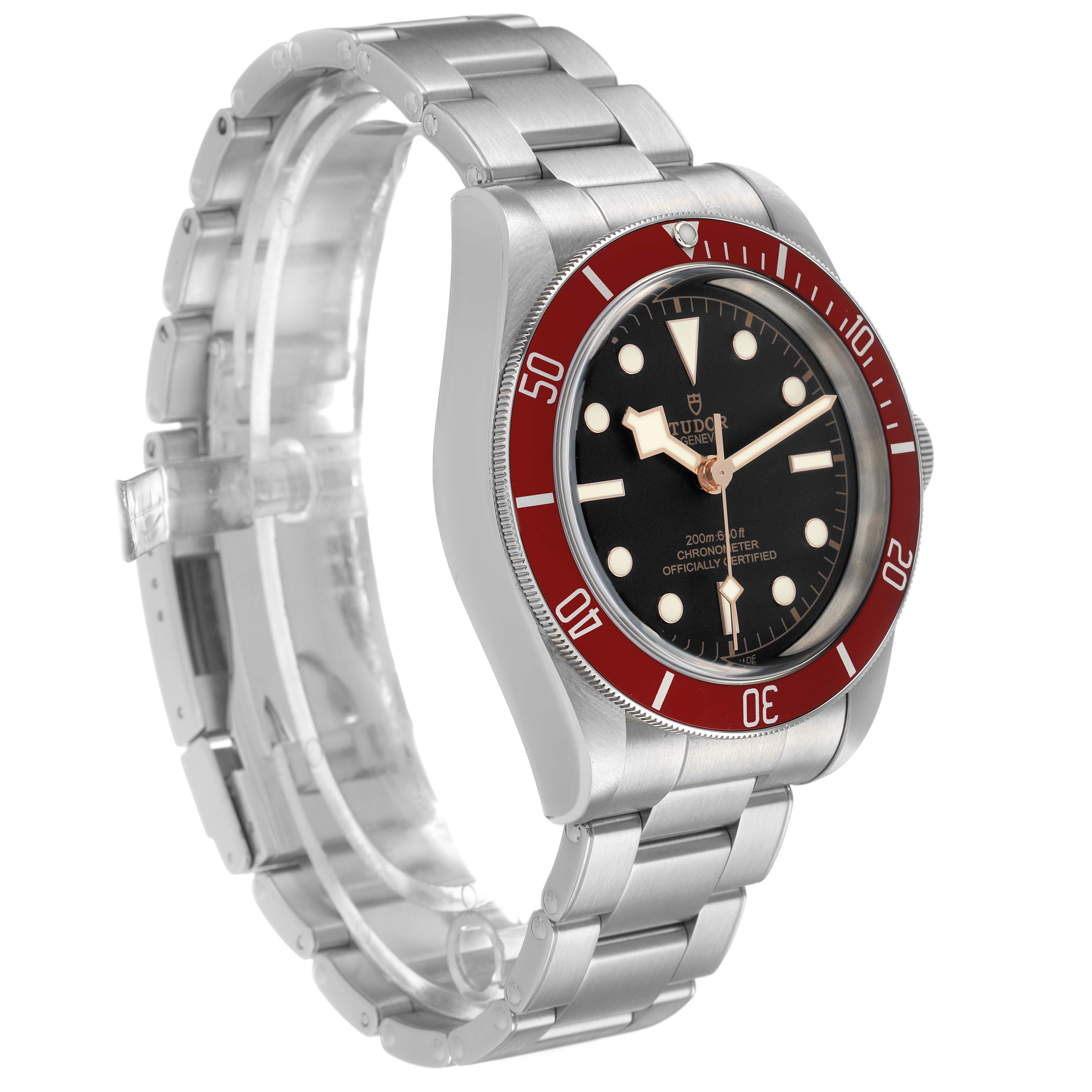 The Tudor Heritage Black Bay 79230R Men's Stainless Steel Black Dial watch is shown at a three-quarter angle, highlighting the bezel, dial, case, and bracelet.