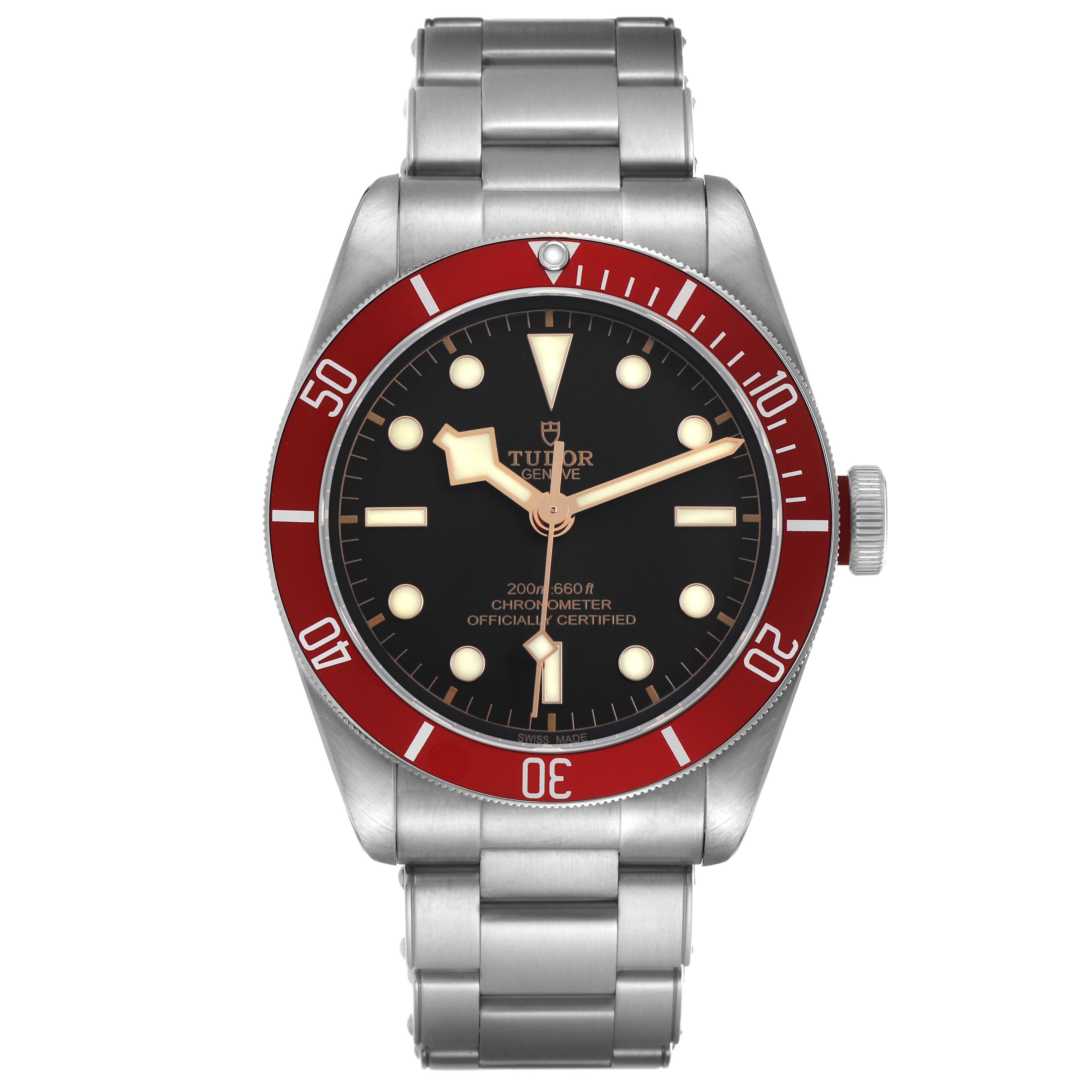 The Tudor Heritage Black Bay 79230R Men's Stainless Steel Black Dial watch is shown from the front, displaying the dial, bezel, case, and metal bracelet.