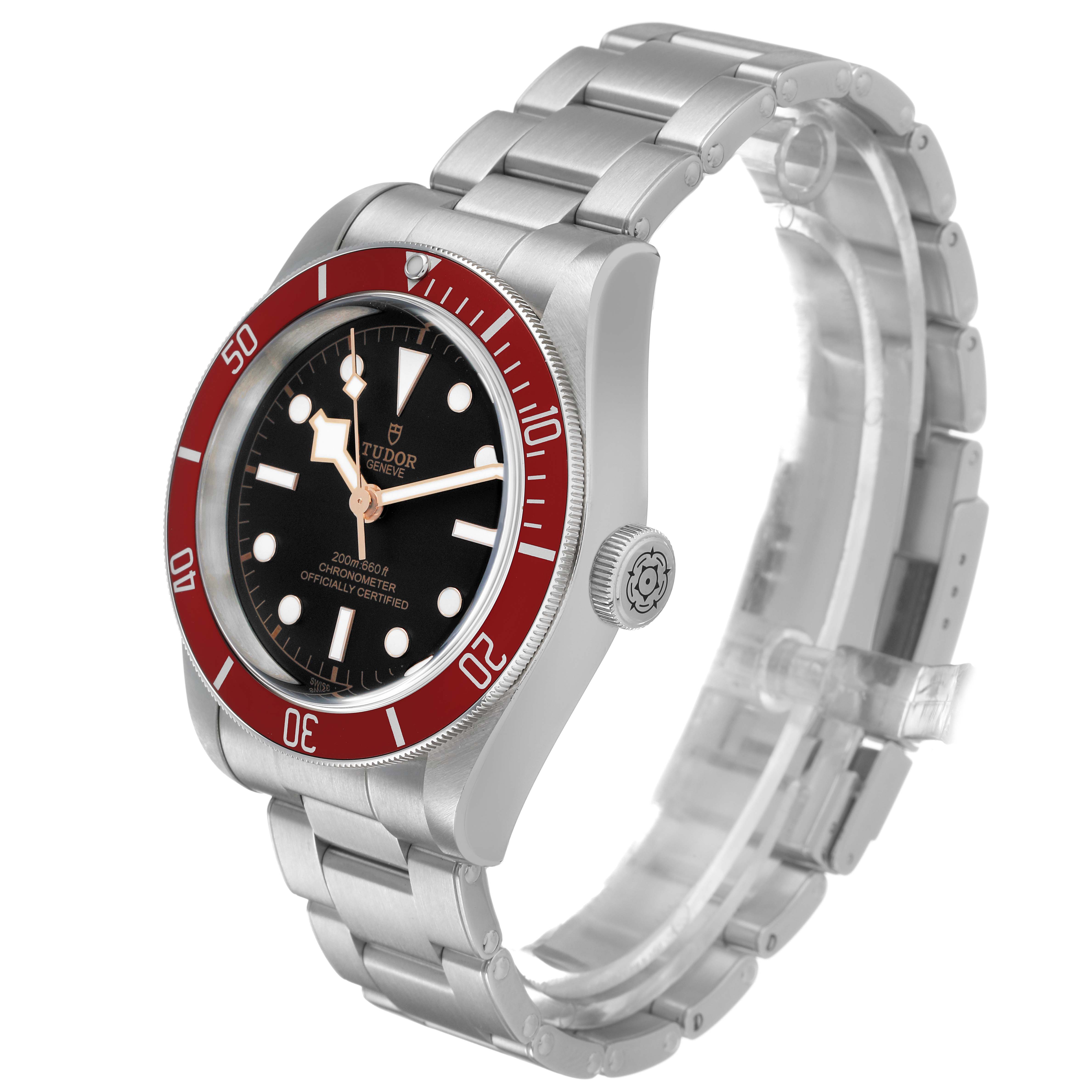 The Tudor Heritage Black Bay 79230R Men's Stainless Steel Black Dial watch is shown at an angle displaying the face, bezel, crown, and stainless steel bracelet.