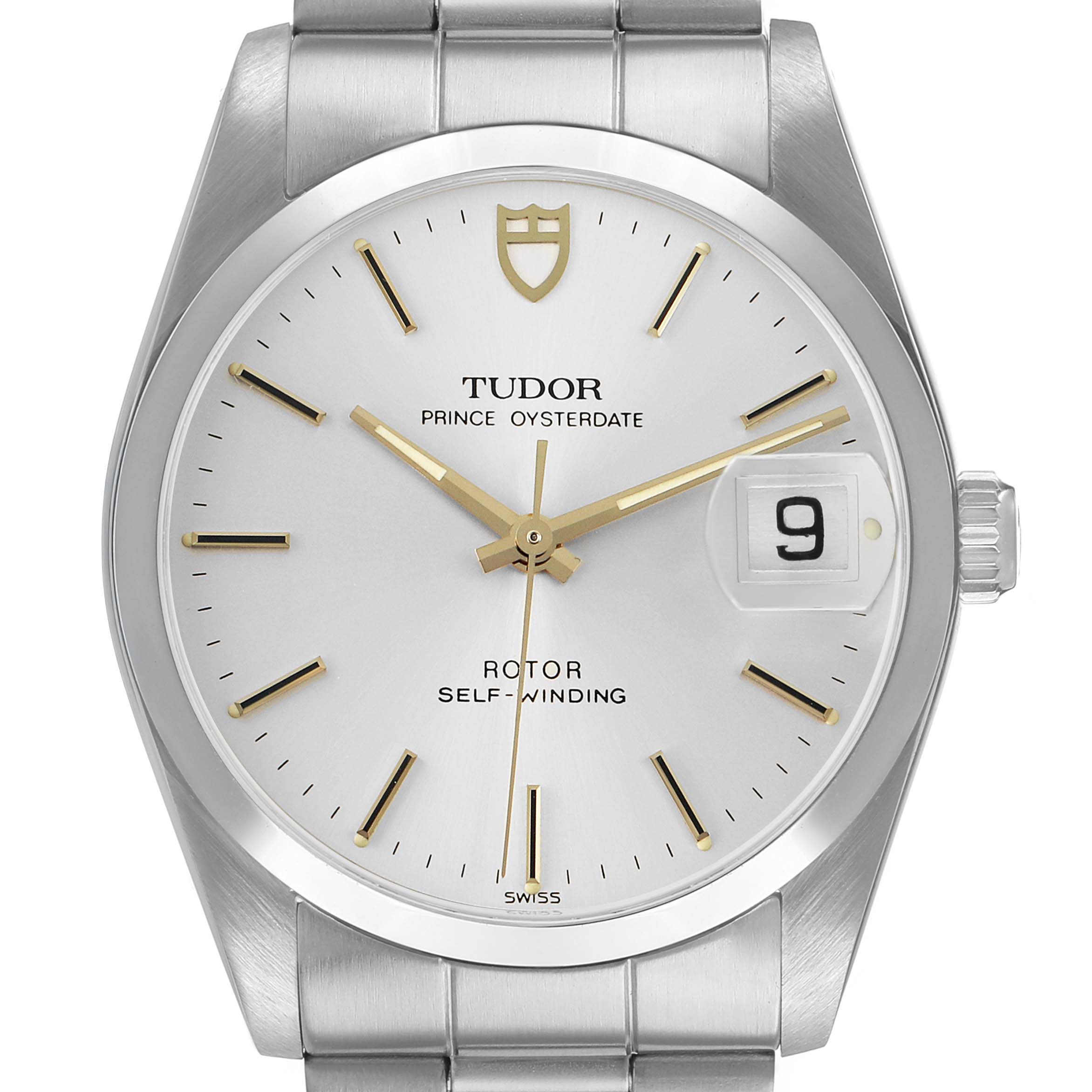 The Tudor Prince 74000 Men's Stainless Steel Silver Dial watch is shown from the front, displaying its dial, hands, bracelet, and date window.