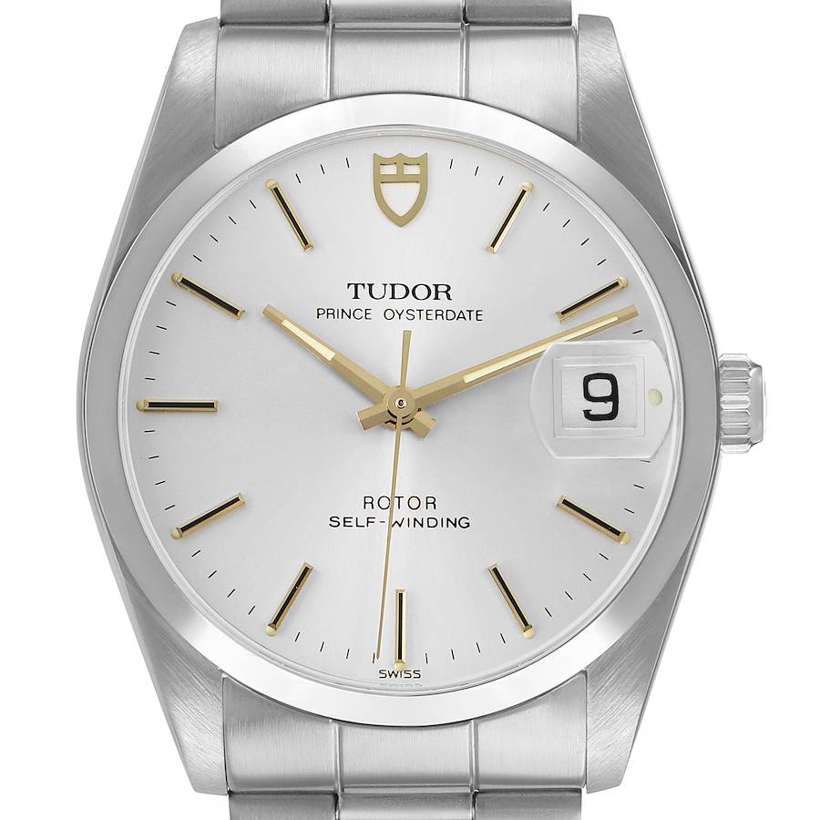 The Tudor Prince 74000 Men's Stainless Steel Silver Dial watch is shown from the front, displaying its dial, hands, bracelet, and date window.